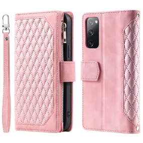 005 Smartphone Cover for Samsung Galaxy S20 FE 2022 / S20 Lite / S20 FE 5G / 4G, Handy Strap Rhombus Grid Textured PU Leather Zipper Pocket Stand Wallet Case