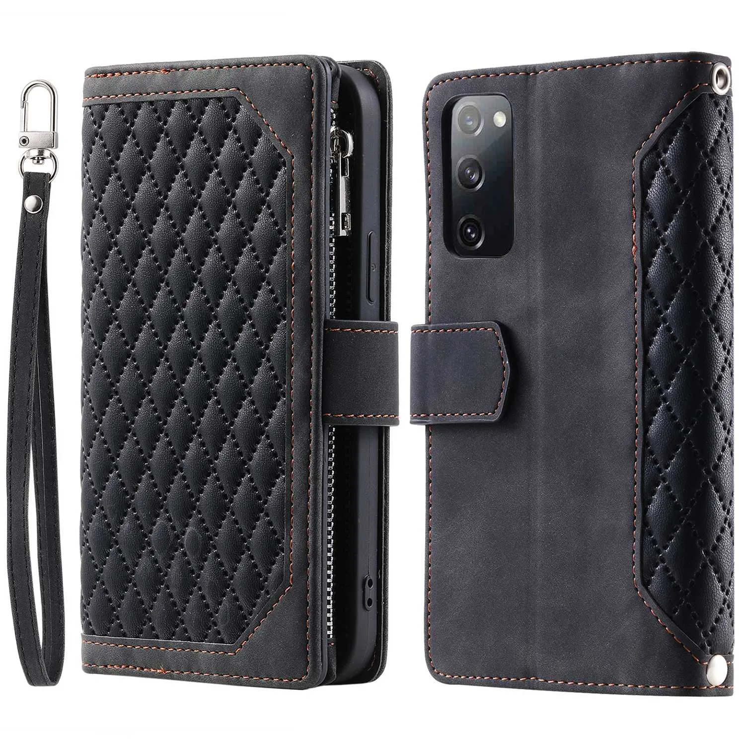 005 Smartphone Cover for Samsung Galaxy S20 FE 2022 / S20 Lite / S20 FE 5G / 4G, Handy Strap Rhombus Grid Textured PU Leather Zipper Pocket Stand Wallet Case