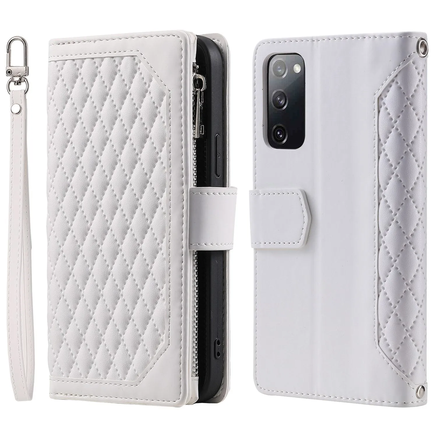 005 Smartphone Cover for Samsung Galaxy S20 FE 2022 / S20 Lite / S20 FE 5G / 4G, Handy Strap Rhombus Grid Textured PU Leather Zipper Pocket Stand Wallet Case