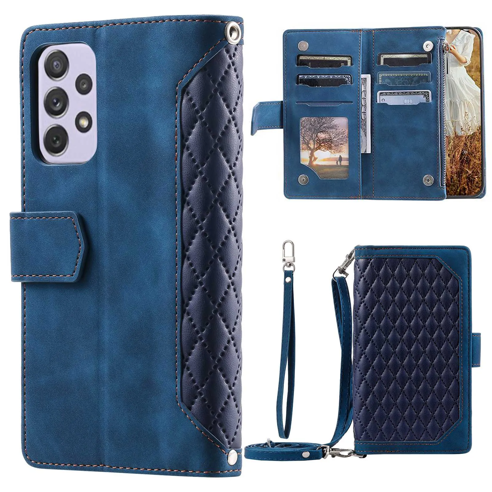 005 Style Drop-proof Phone Wallet Case for Samsung Galaxy A73 5G, Rhombus Texture Zipper Pocket PU Leather Scratch-resistant Mobile Phone Cover Stand with Strap Card Holder