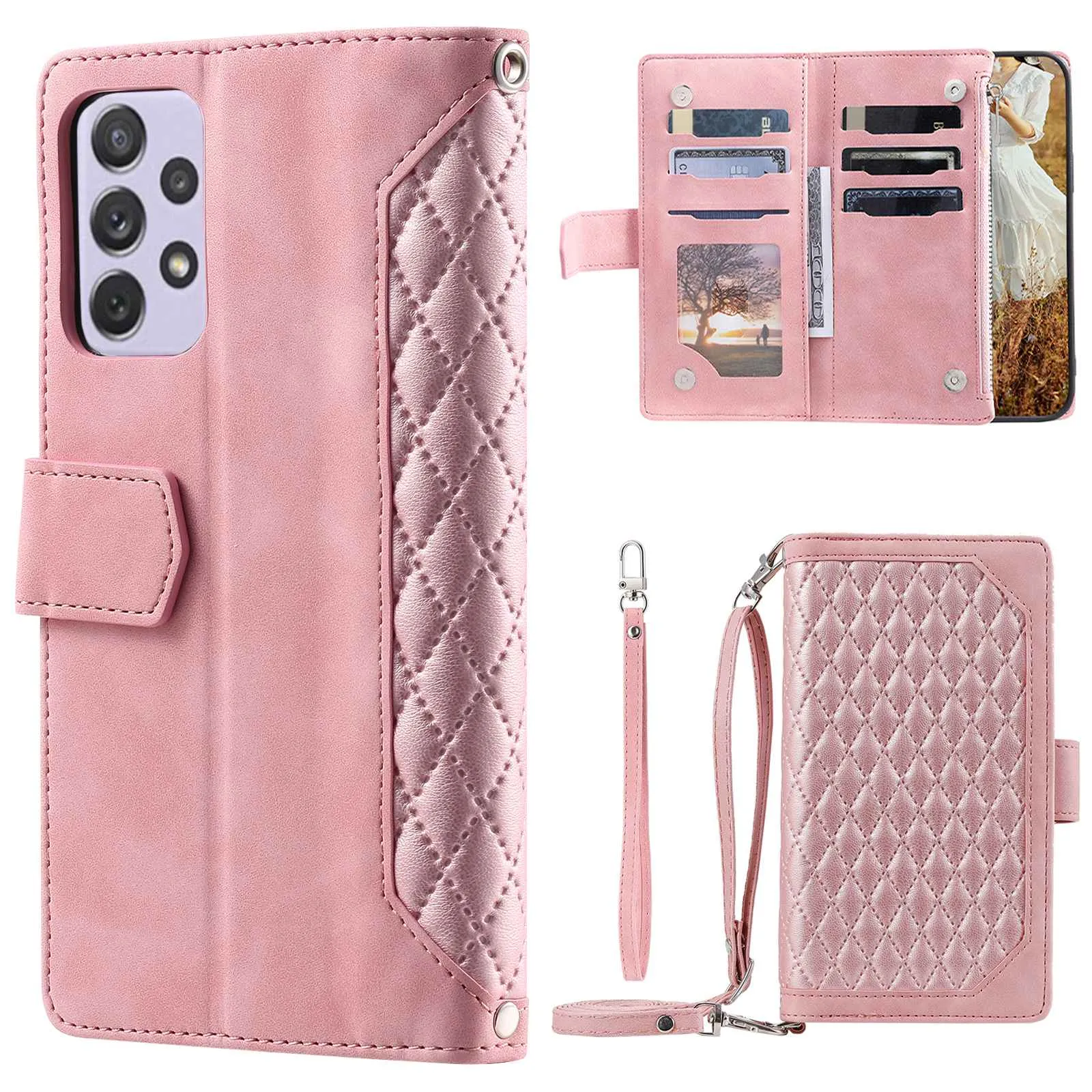 005 Style Drop-proof Phone Wallet Case for Samsung Galaxy A73 5G, Rhombus Texture Zipper Pocket PU Leather Scratch-resistant Mobile Phone Cover Stand with Strap Card Holder