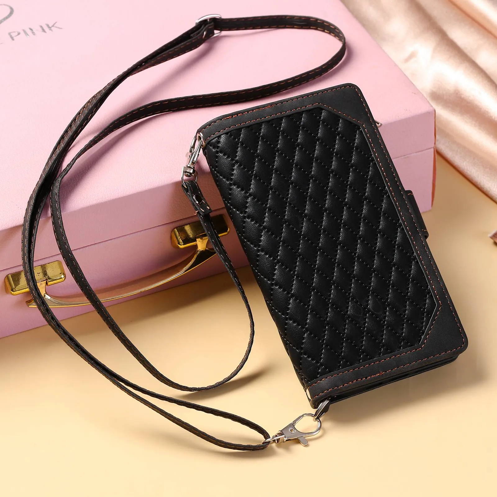 005 Style Drop-proof Phone Wallet Case for Samsung Galaxy A73 5G, Rhombus Texture Zipper Pocket PU Leather Scratch-resistant Mobile Phone Cover Stand with Strap Card Holder