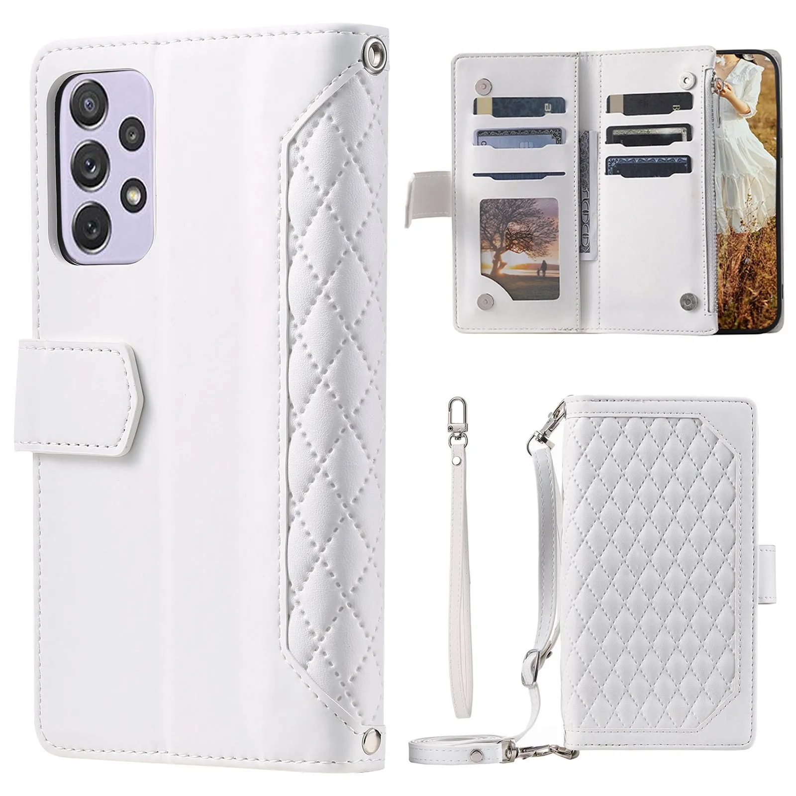 005 Style Drop-proof Phone Wallet Case for Samsung Galaxy A73 5G, Rhombus Texture Zipper Pocket PU Leather Scratch-resistant Mobile Phone Cover Stand with Strap Card Holder