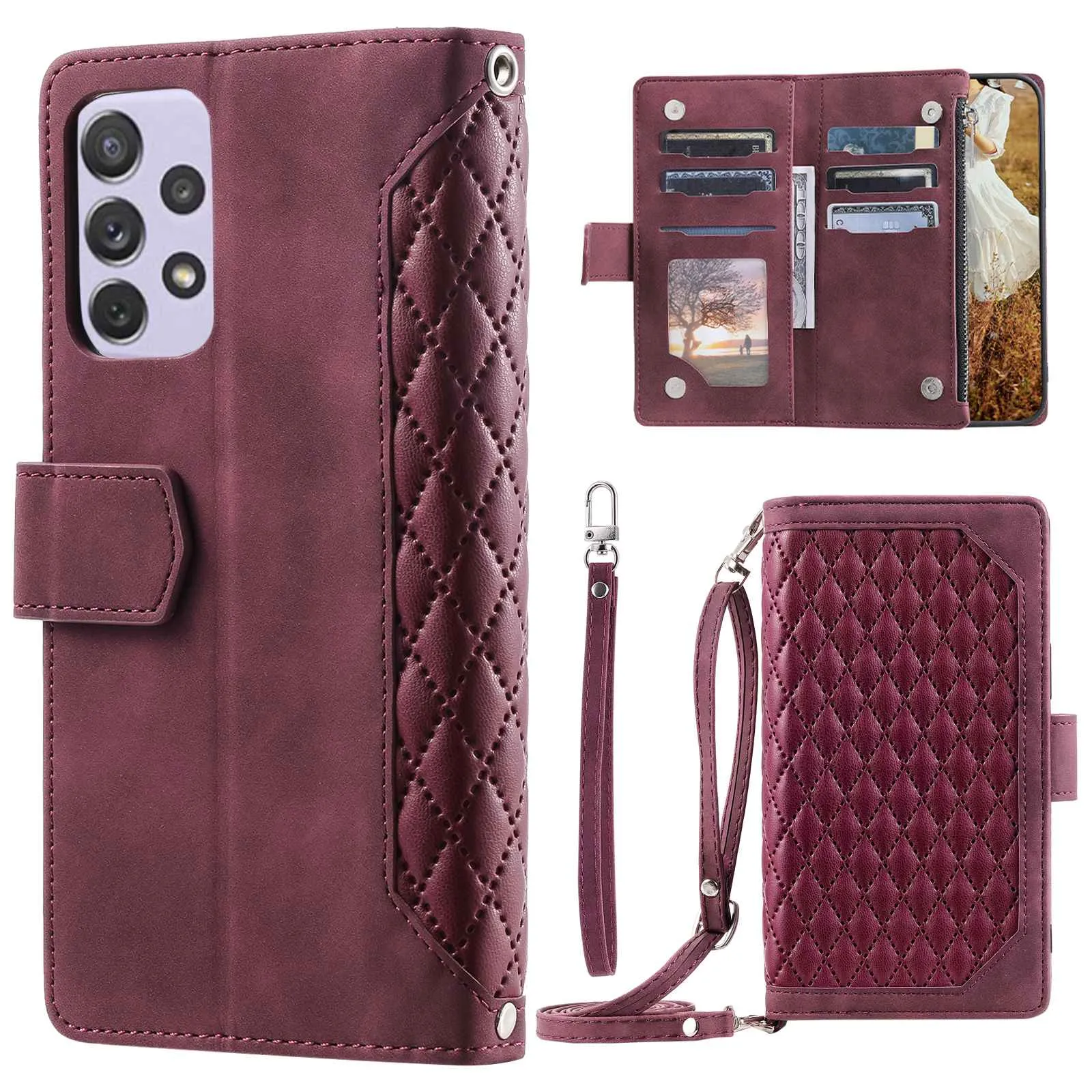 005 Style Drop-proof Phone Wallet Case for Samsung Galaxy A73 5G, Rhombus Texture Zipper Pocket PU Leather Scratch-resistant Mobile Phone Cover Stand with Strap Card Holder