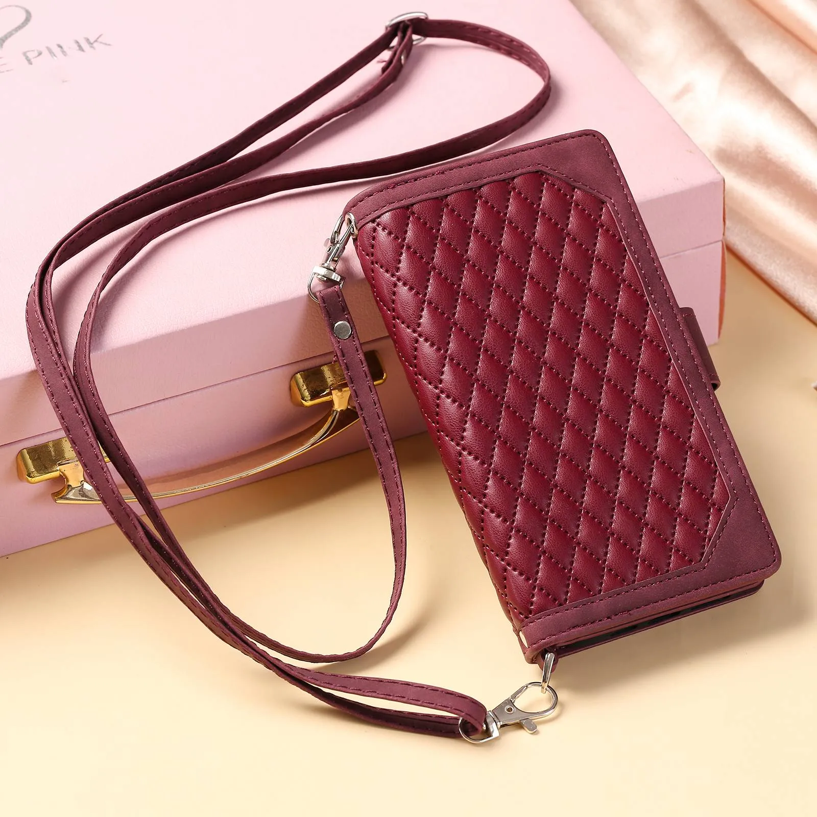 005 Style Drop-proof Phone Wallet Case for Samsung Galaxy A73 5G, Rhombus Texture Zipper Pocket PU Leather Scratch-resistant Mobile Phone Cover Stand with Strap Card Holder