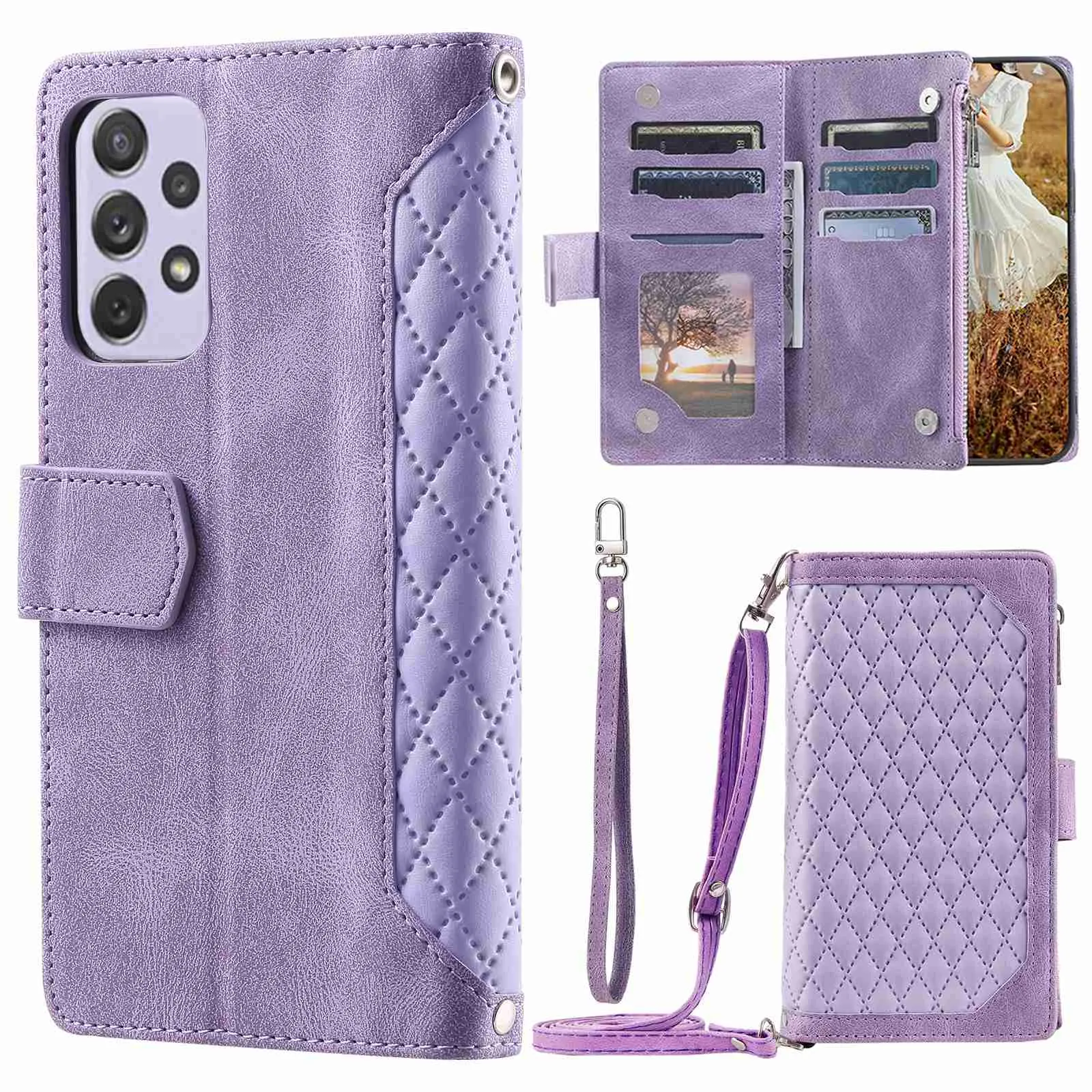 005 Style Drop-proof Phone Wallet Case for Samsung Galaxy A73 5G, Rhombus Texture Zipper Pocket PU Leather Scratch-resistant Mobile Phone Cover Stand with Strap Card Holder