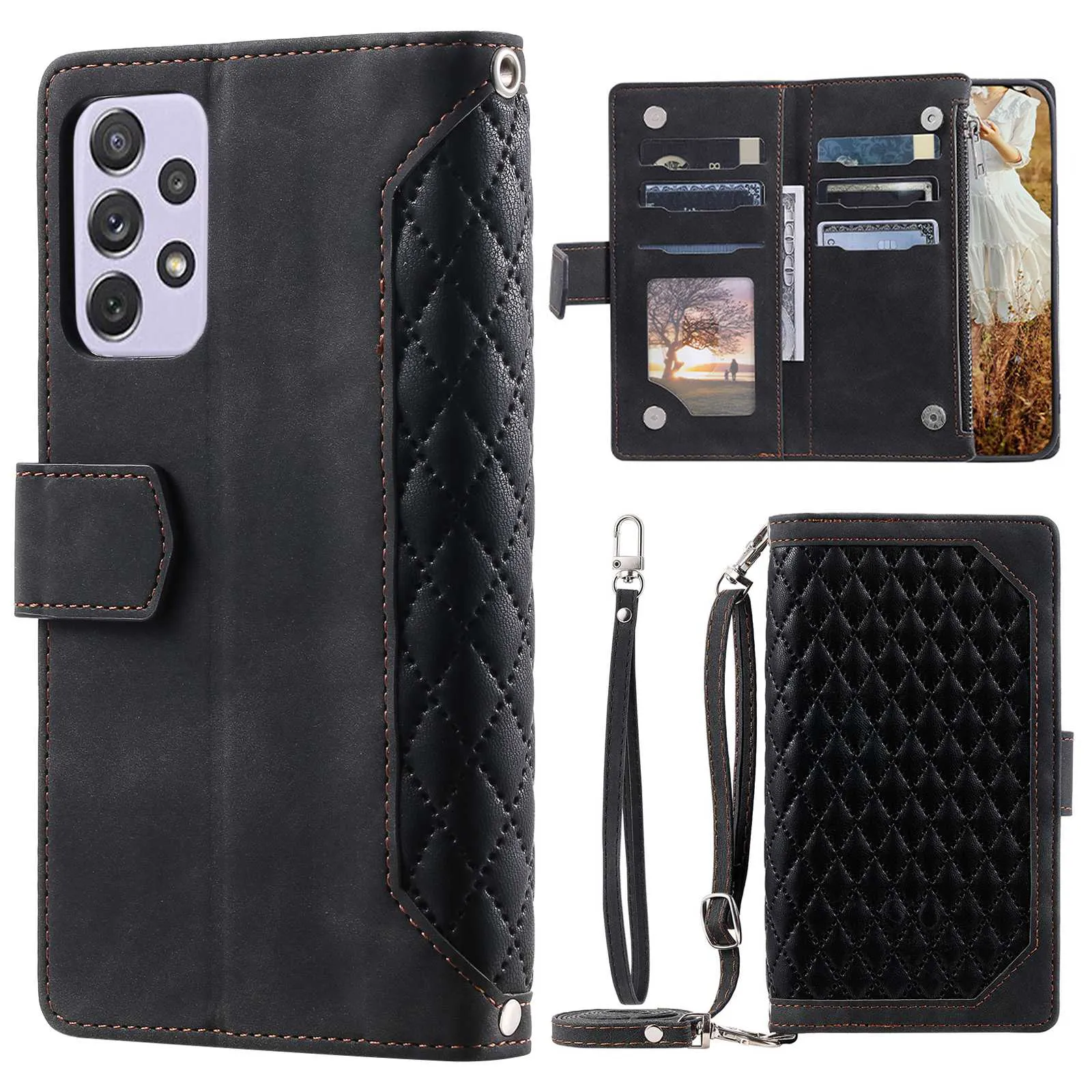 005 Style Drop-proof Phone Wallet Case for Samsung Galaxy A73 5G, Rhombus Texture Zipper Pocket PU Leather Scratch-resistant Mobile Phone Cover Stand with Strap Card Holder