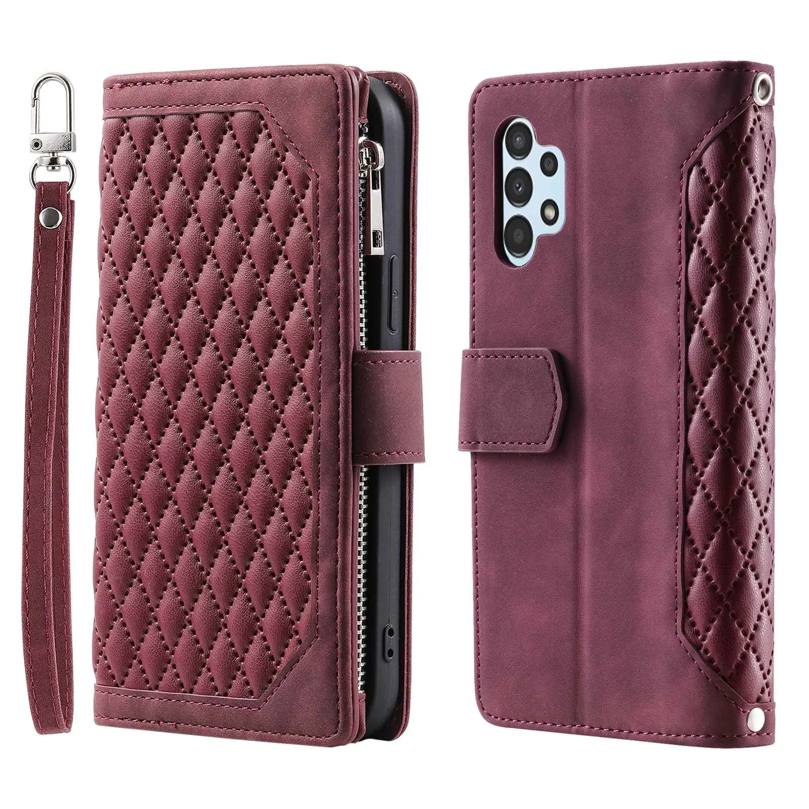 005 Style for Samsung Galaxy A13 4G / 5G / A04s 4G (164.7 x 76.7 x 9.1 mm) Zipper Pocket Design Rhombus Texture Phone Stand Cover PU Leather Cards Cash Holder Protective Case with Strap