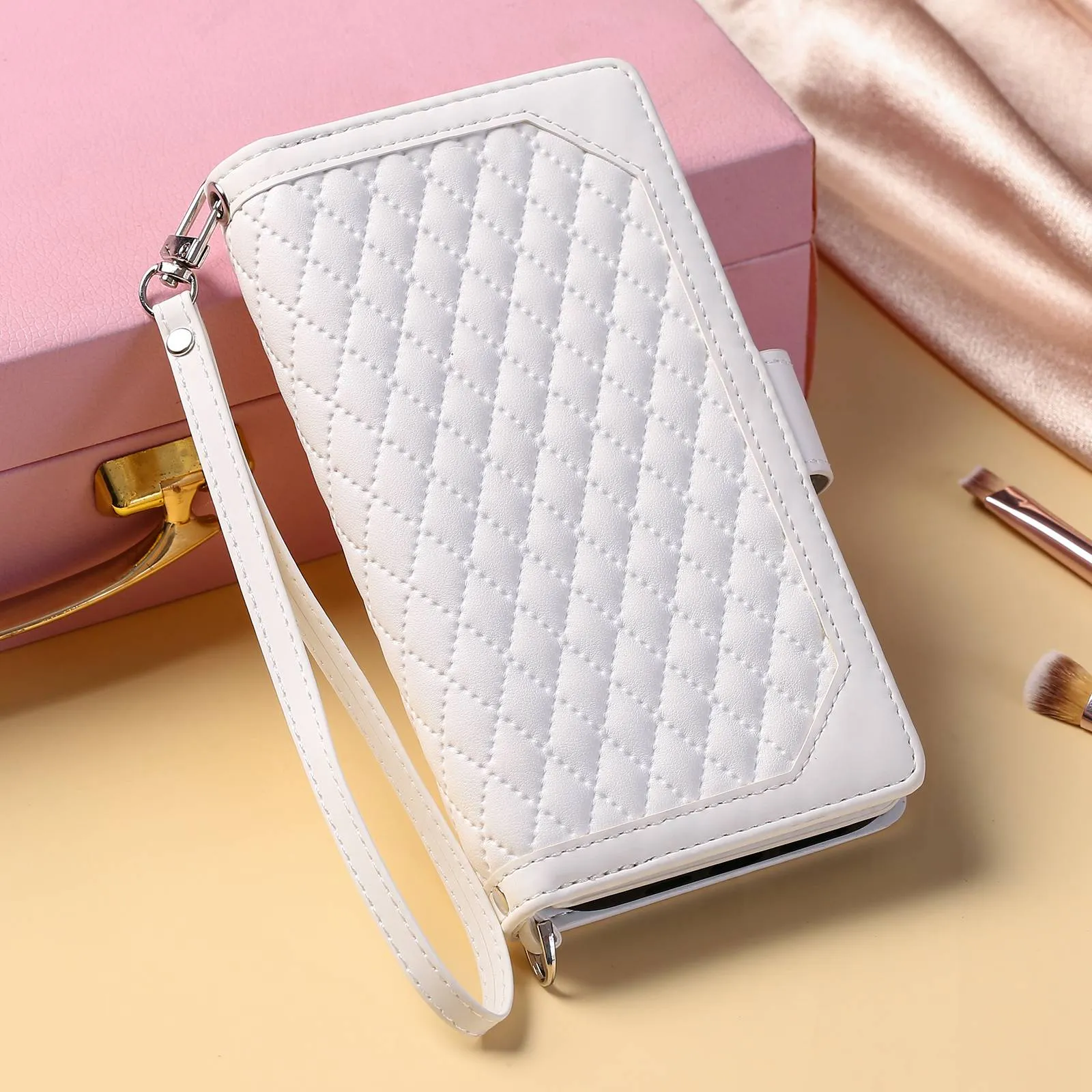 005 Style for Samsung Galaxy A13 4G / 5G / A04s 4G (164.7 x 76.7 x 9.1 mm) Zipper Pocket Design Rhombus Texture Phone Stand Cover PU Leather Cards Cash Holder Protective Case with Strap