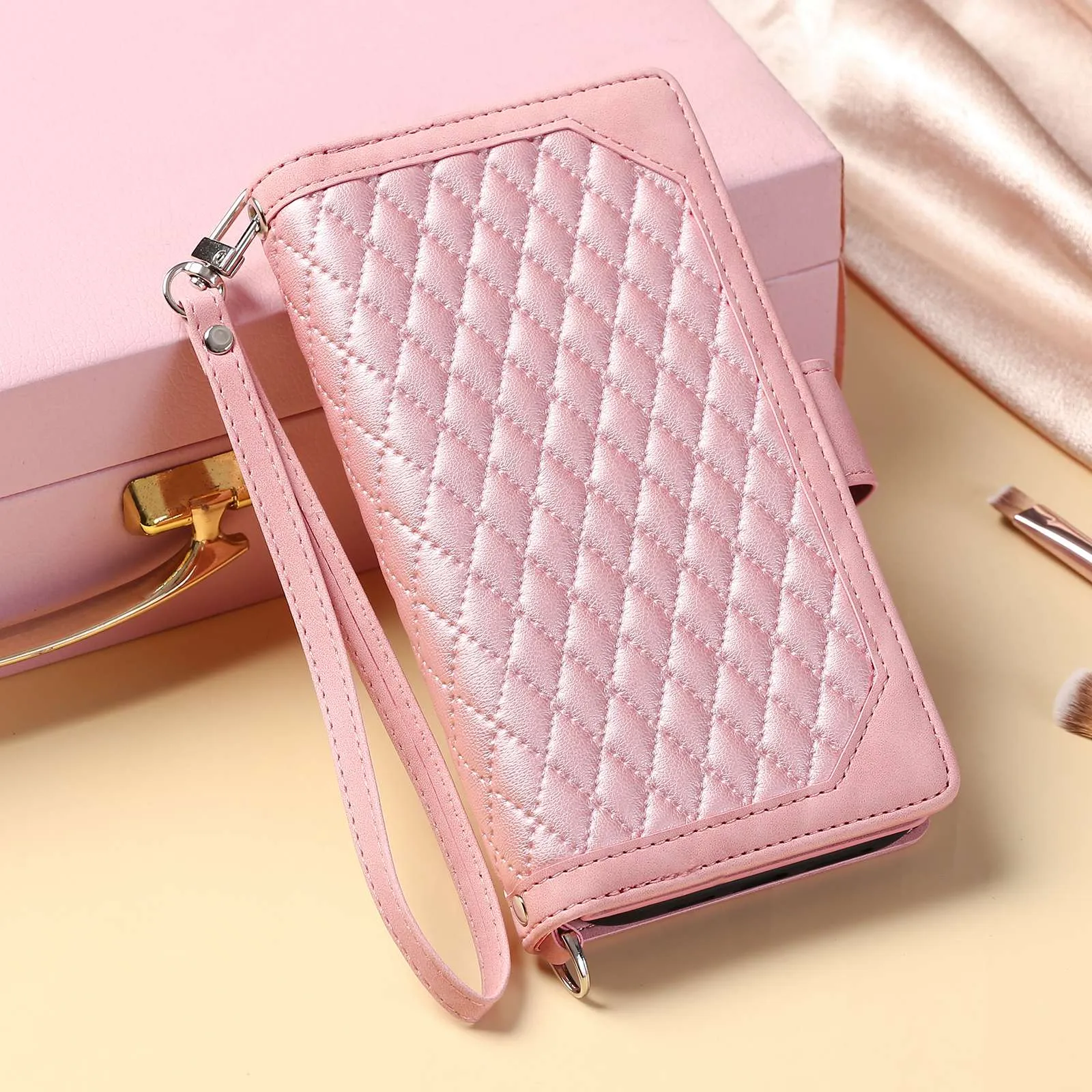 005 Style for Samsung Galaxy A13 4G / 5G / A04s 4G (164.7 x 76.7 x 9.1 mm) Zipper Pocket Design Rhombus Texture Phone Stand Cover PU Leather Cards Cash Holder Protective Case with Strap