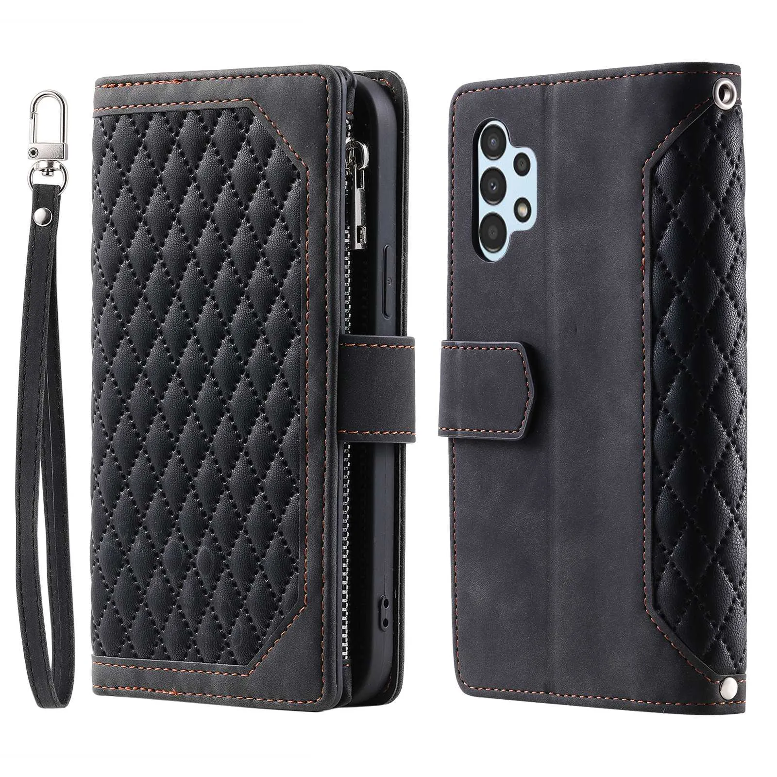 005 Style for Samsung Galaxy A13 4G / 5G / A04s 4G (164.7 x 76.7 x 9.1 mm) Zipper Pocket Design Rhombus Texture Phone Stand Cover PU Leather Cards Cash Holder Protective Case with Strap