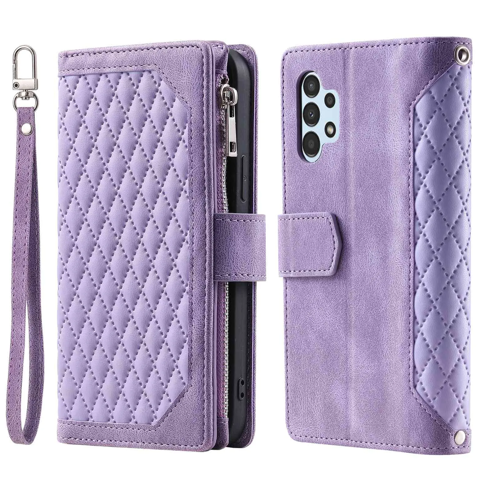 005 Style for Samsung Galaxy A13 4G / 5G / A04s 4G (164.7 x 76.7 x 9.1 mm) Zipper Pocket Design Rhombus Texture Phone Stand Cover PU Leather Cards Cash Holder Protective Case with Strap