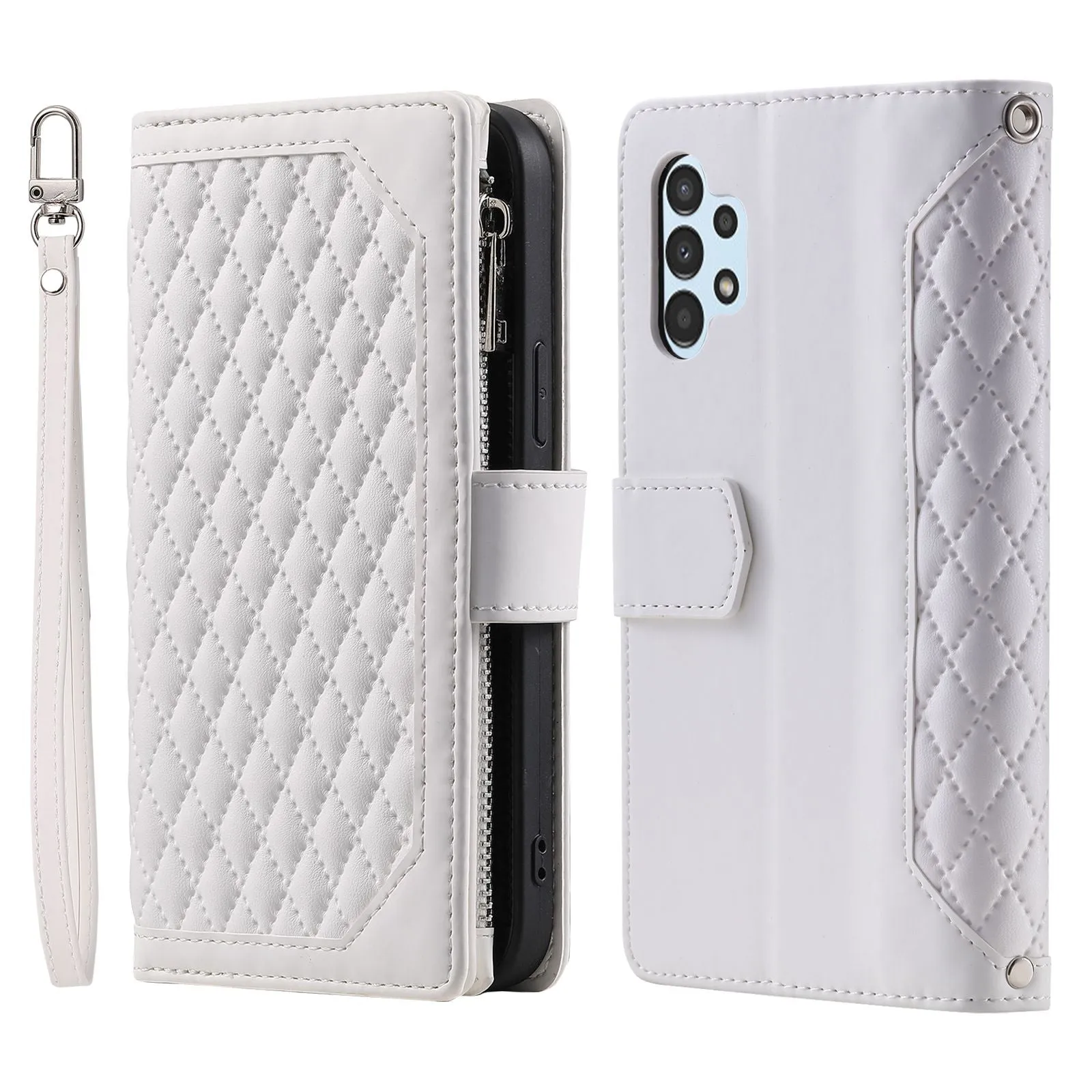 005 Style for Samsung Galaxy A13 4G / 5G / A04s 4G (164.7 x 76.7 x 9.1 mm) Zipper Pocket Design Rhombus Texture Phone Stand Cover PU Leather Cards Cash Holder Protective Case with Strap