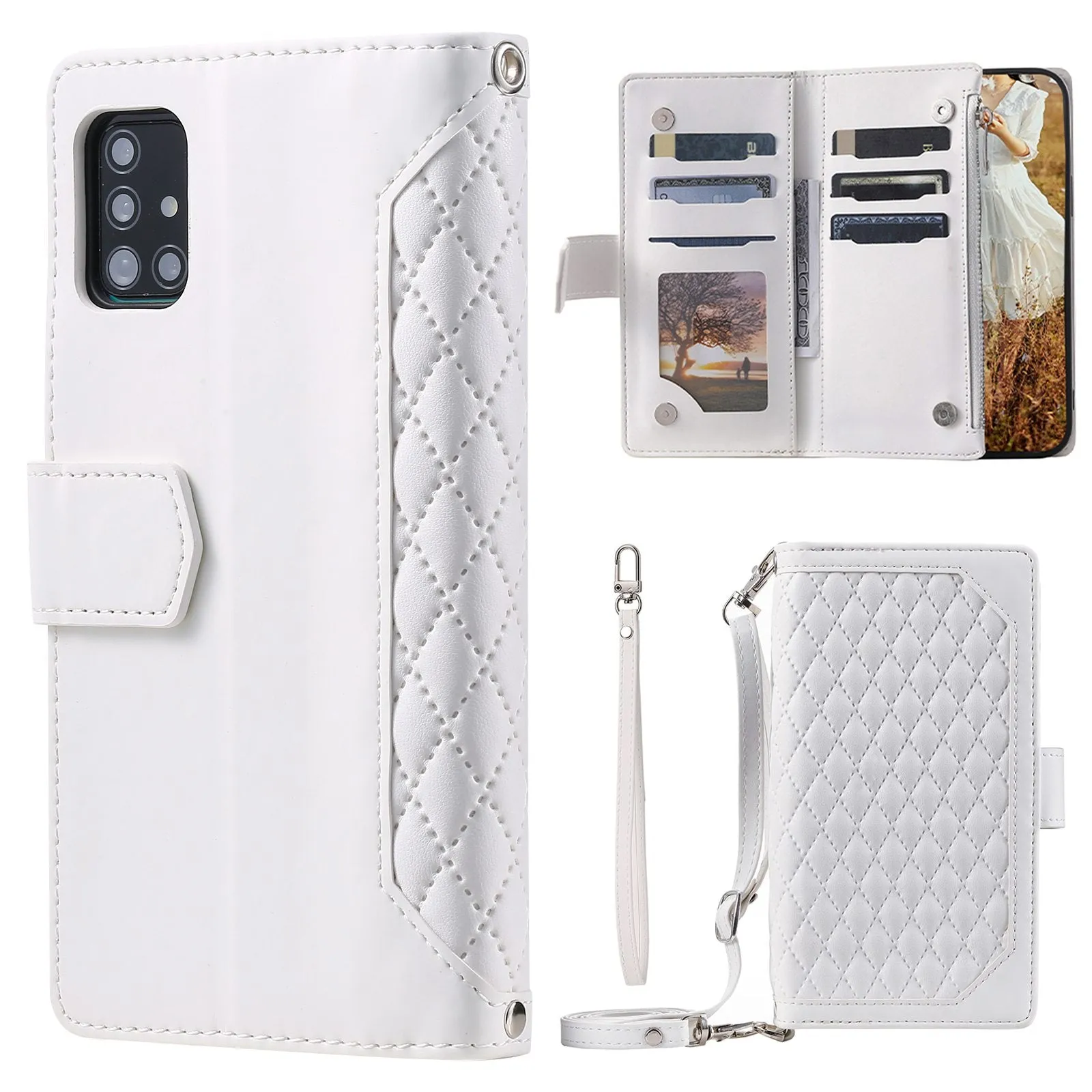 005 Style For Samsung Galaxy A71 4G SM-A715, PU Leather Anti-wear Rhombus Texture Phone Case Zipper Pocket Wallet Stand Protector with Strap