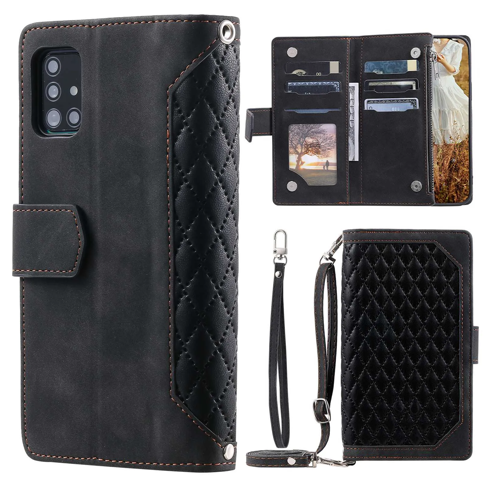 005 Style For Samsung Galaxy A71 4G SM-A715, PU Leather Anti-wear Rhombus Texture Phone Case Zipper Pocket Wallet Stand Protector with Strap