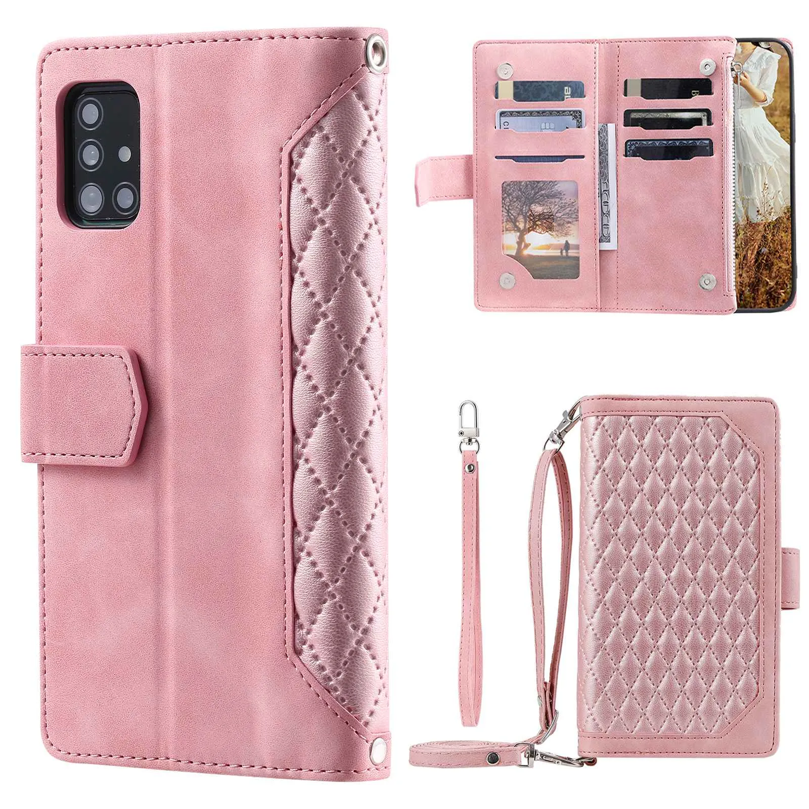 005 Style For Samsung Galaxy A71 4G SM-A715, PU Leather Anti-wear Rhombus Texture Phone Case Zipper Pocket Wallet Stand Protector with Strap