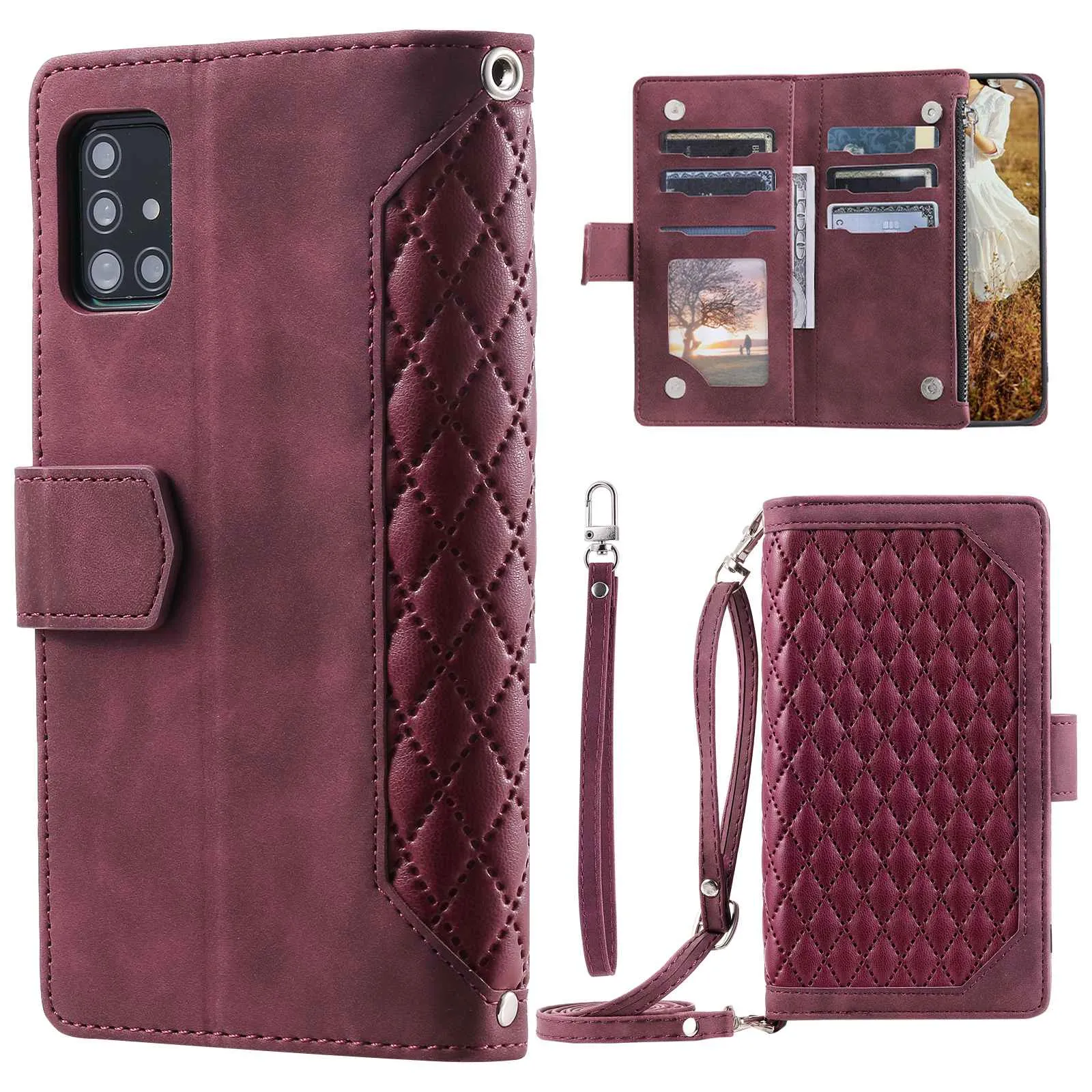 005 Style For Samsung Galaxy A71 4G SM-A715, PU Leather Anti-wear Rhombus Texture Phone Case Zipper Pocket Wallet Stand Protector with Strap