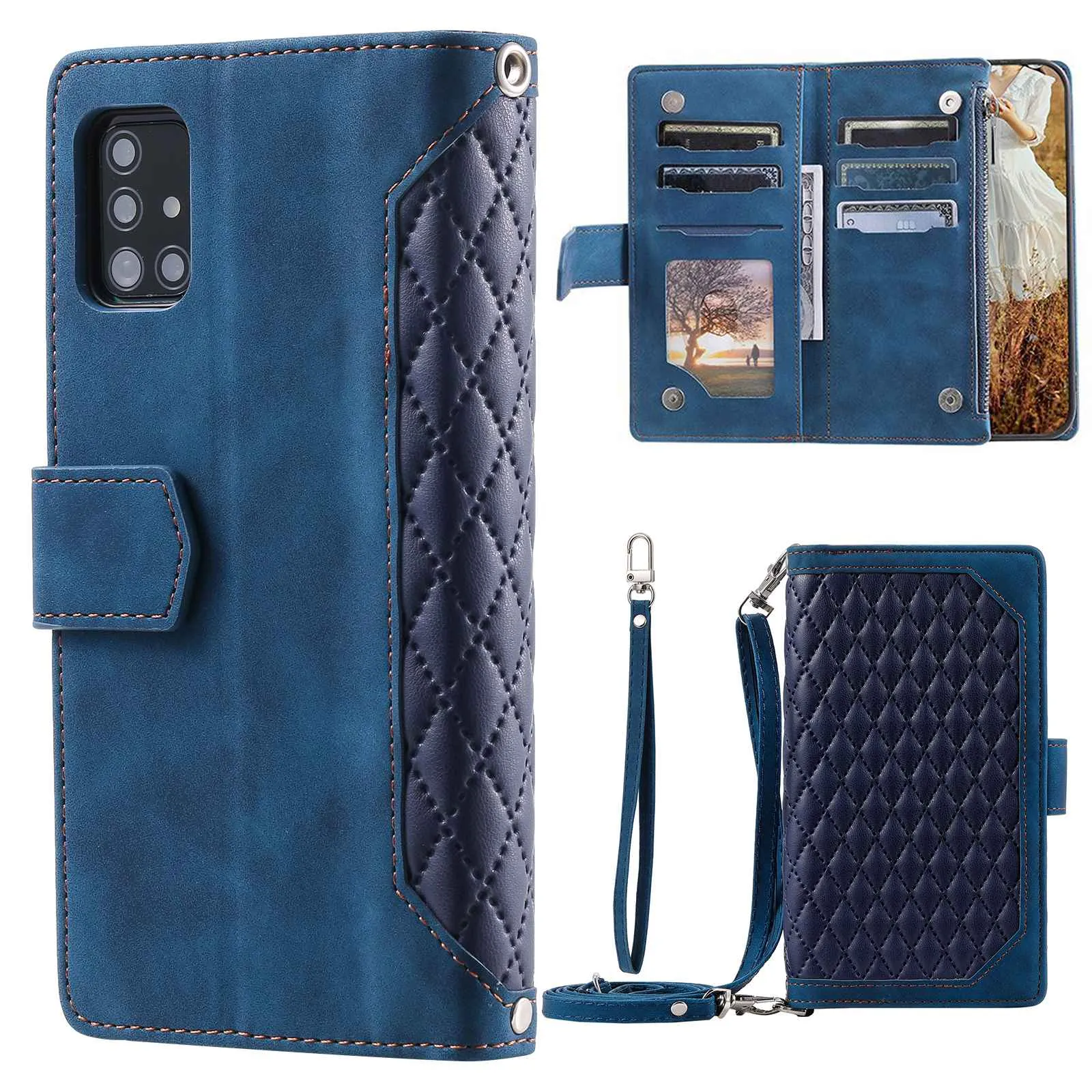 005 Style For Samsung Galaxy A71 4G SM-A715, PU Leather Anti-wear Rhombus Texture Phone Case Zipper Pocket Wallet Stand Protector with Strap