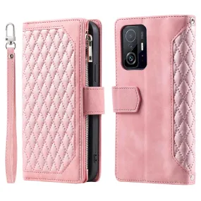 005 Style Protection Cover for Xiaomi 11T 5G / 11T Pro 5G, Supporting Stand Wallet Rhombus Texture PU Leather Zipper Pocket Design Phone Case with Strap