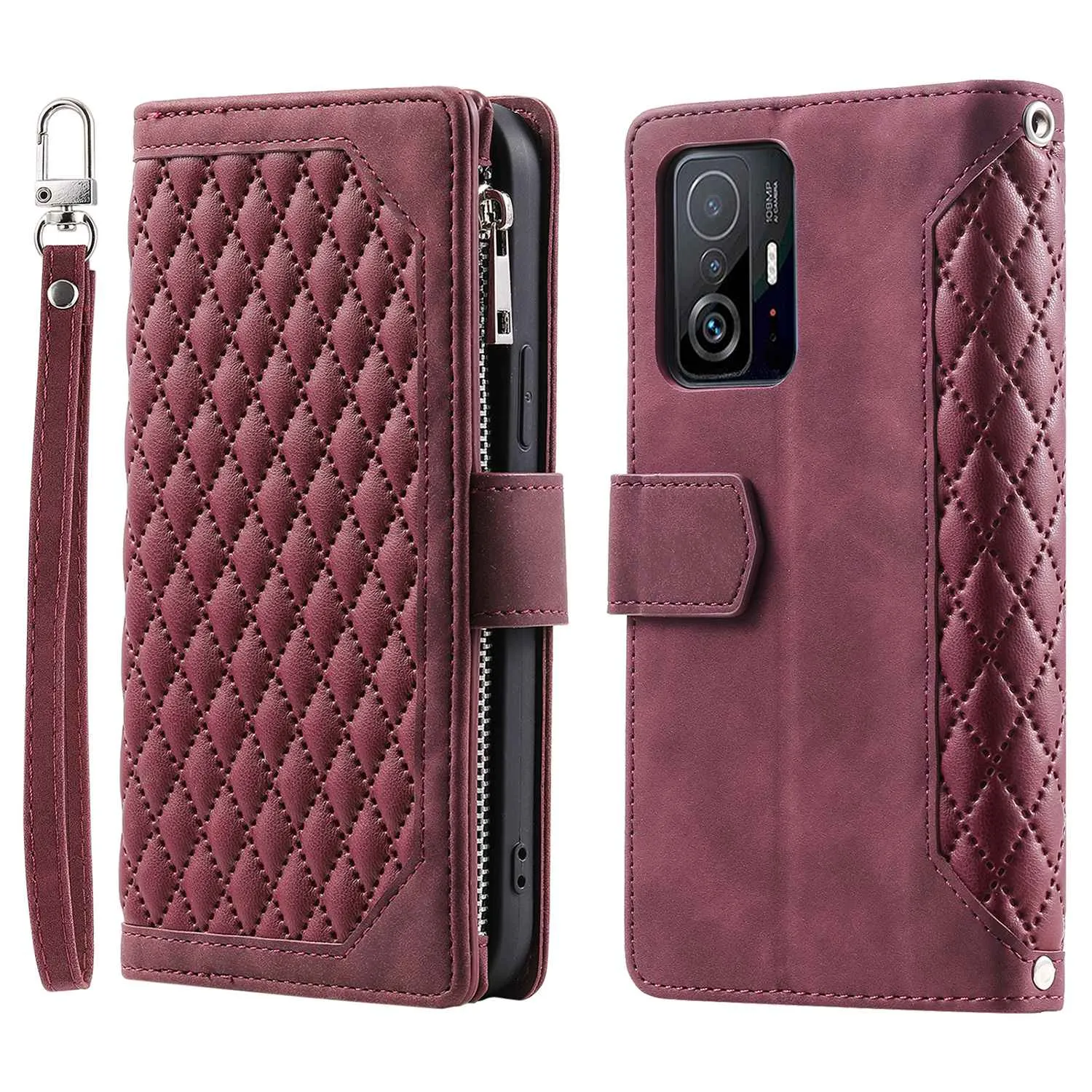 005 Style Protection Cover for Xiaomi 11T 5G / 11T Pro 5G, Supporting Stand Wallet Rhombus Texture PU Leather Zipper Pocket Design Phone Case with Strap