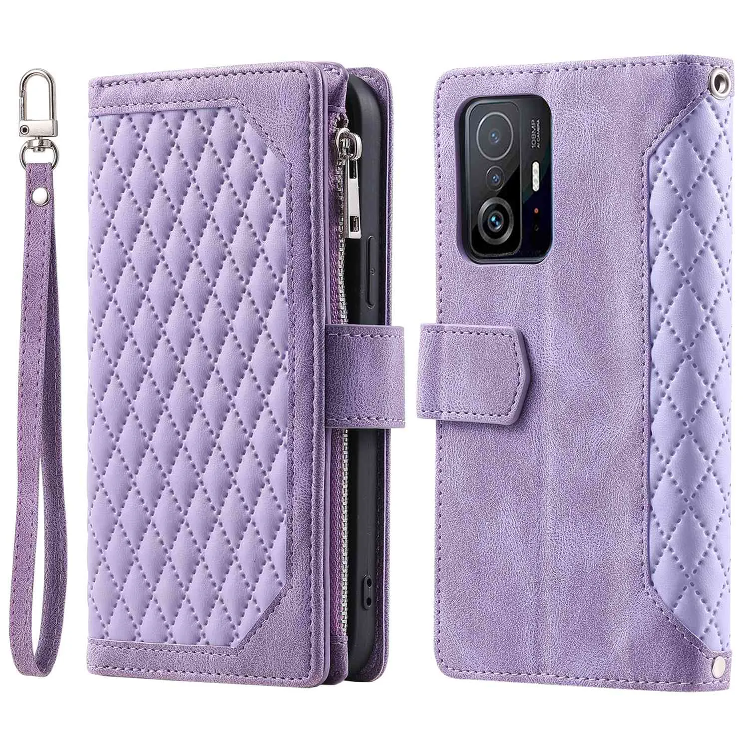 005 Style Protection Cover for Xiaomi 11T 5G / 11T Pro 5G, Supporting Stand Wallet Rhombus Texture PU Leather Zipper Pocket Design Phone Case with Strap