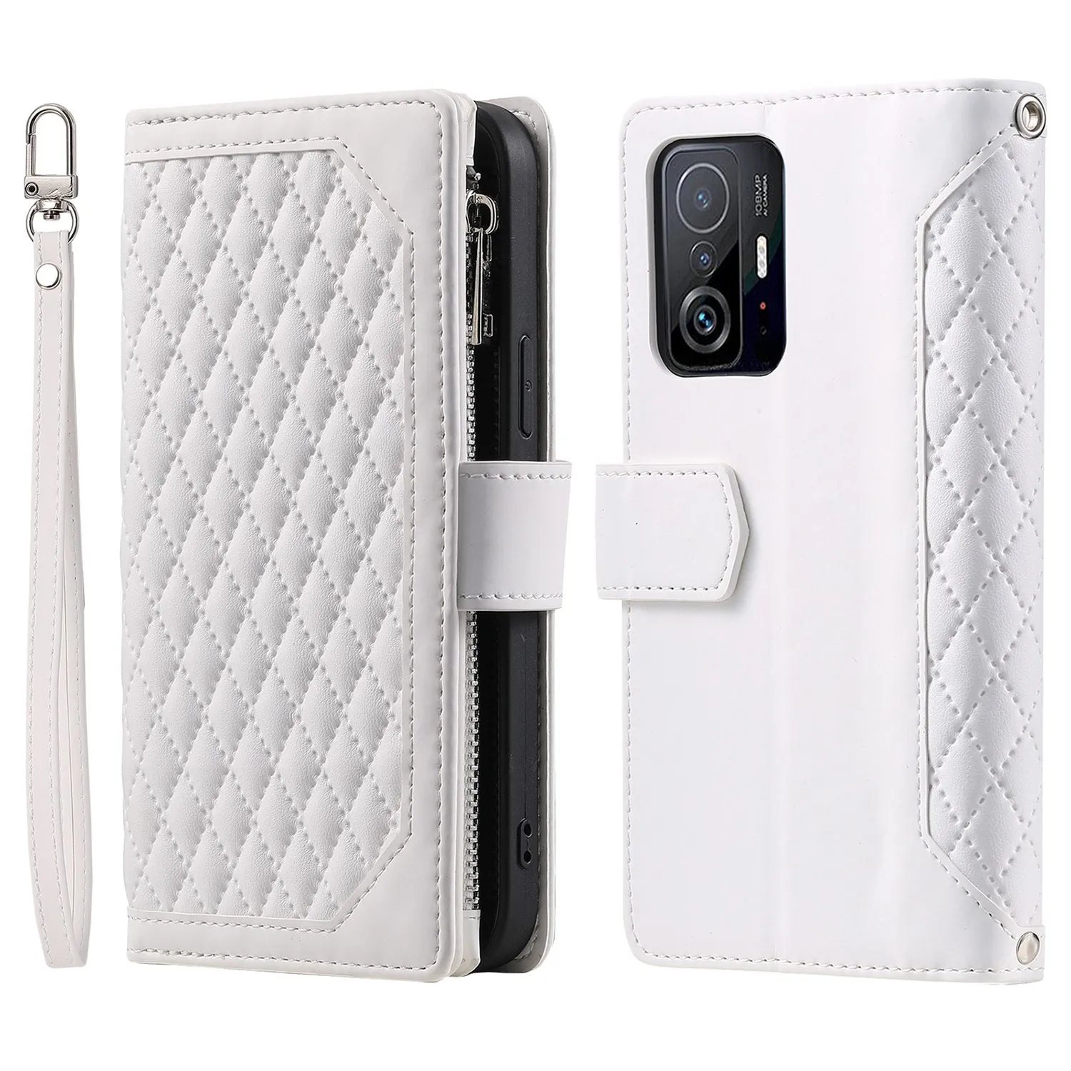 005 Style Protection Cover for Xiaomi 11T 5G / 11T Pro 5G, Supporting Stand Wallet Rhombus Texture PU Leather Zipper Pocket Design Phone Case with Strap