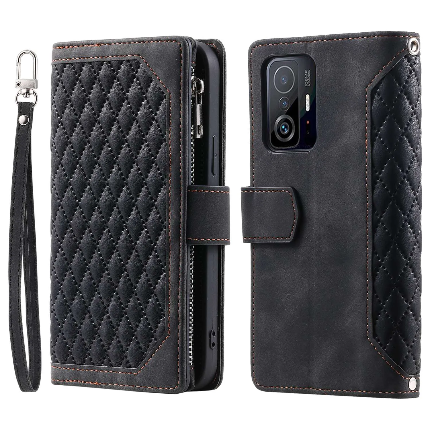 005 Style Protection Cover for Xiaomi 11T 5G / 11T Pro 5G, Supporting Stand Wallet Rhombus Texture PU Leather Zipper Pocket Design Phone Case with Strap