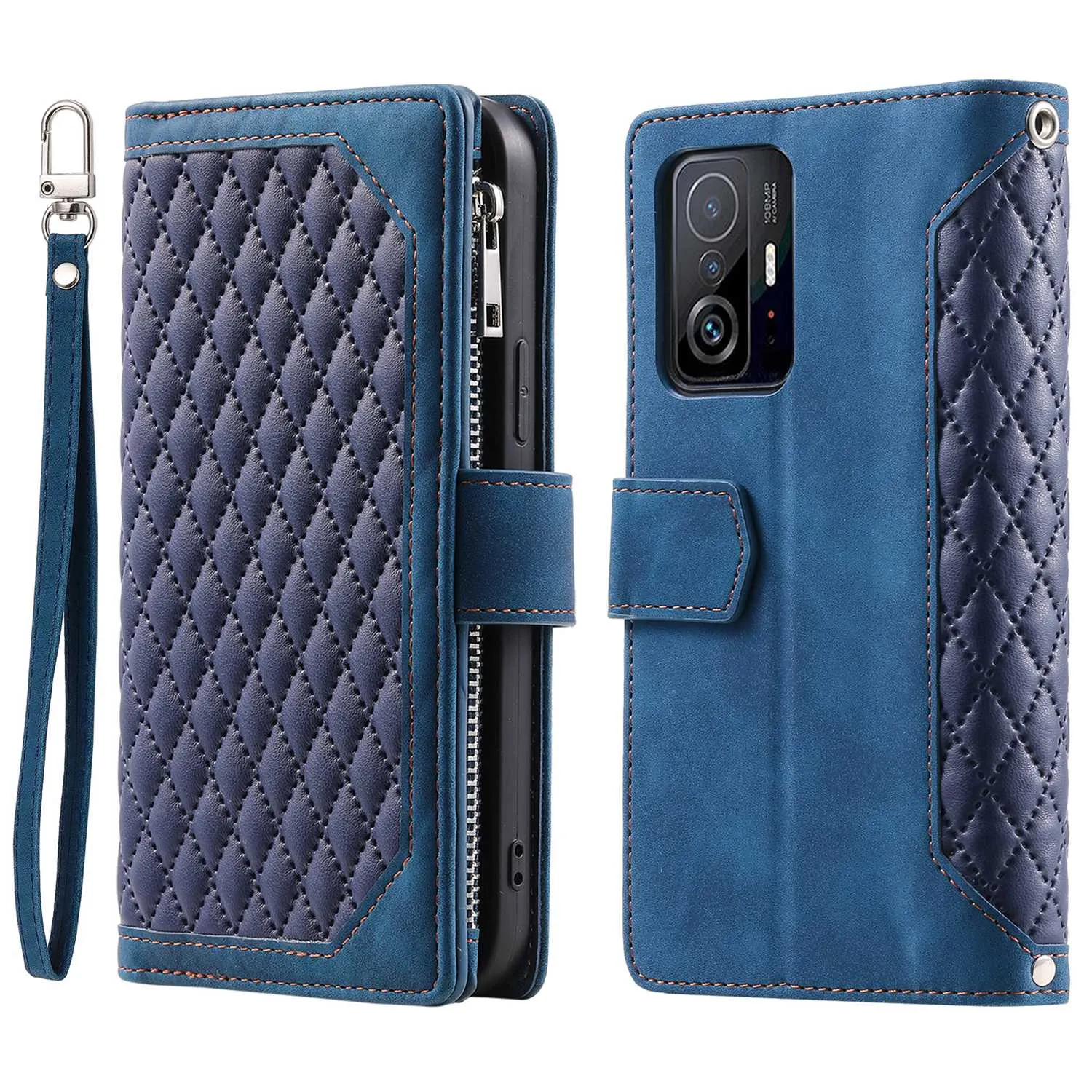 005 Style Protection Cover for Xiaomi 11T 5G / 11T Pro 5G, Supporting Stand Wallet Rhombus Texture PU Leather Zipper Pocket Design Phone Case with Strap