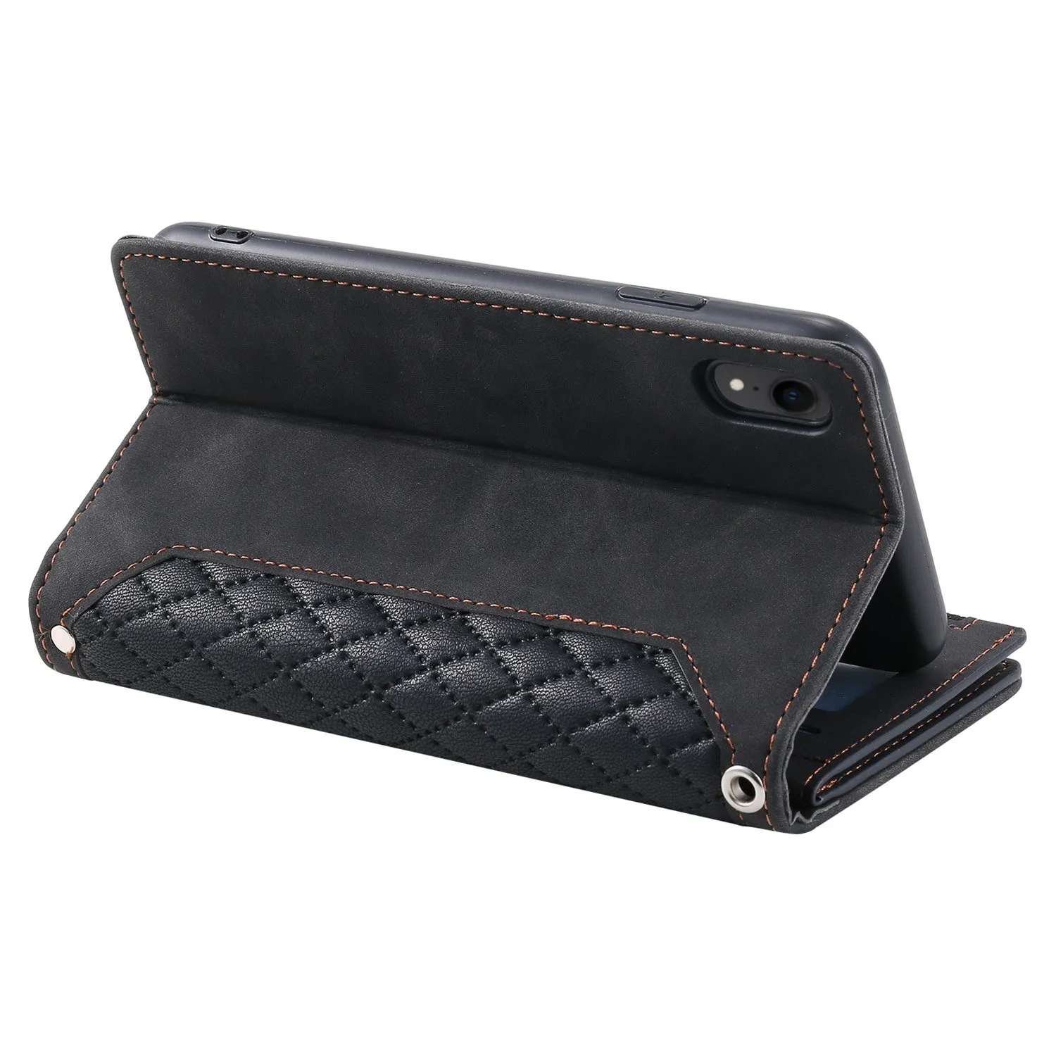 005 Style Zipper Pocket Phone Cover for iPhone XR 6.1 inch, Rhombus Texture Stand Wallet PU Leather Case with Wrist Strap