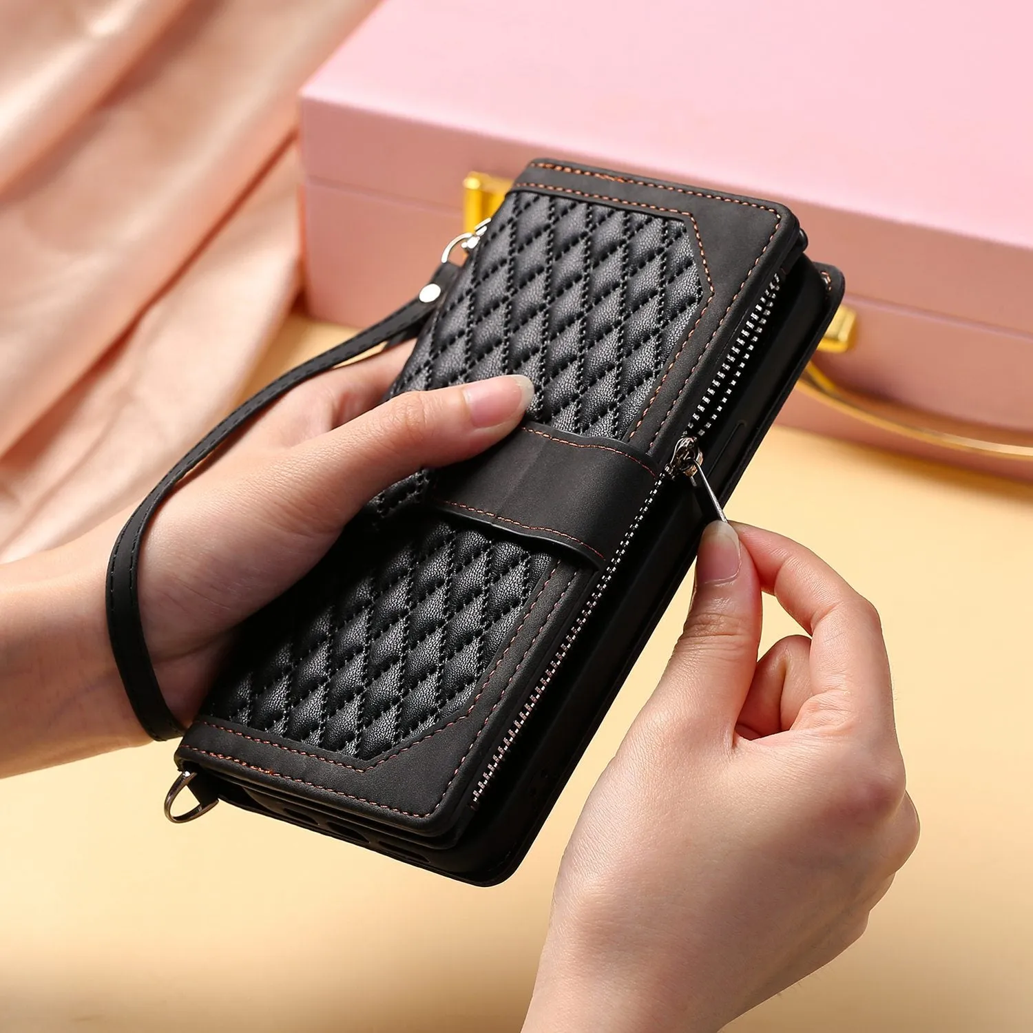 005 Style Zipper Pocket Phone Cover for iPhone XR 6.1 inch, Rhombus Texture Stand Wallet PU Leather Case with Wrist Strap