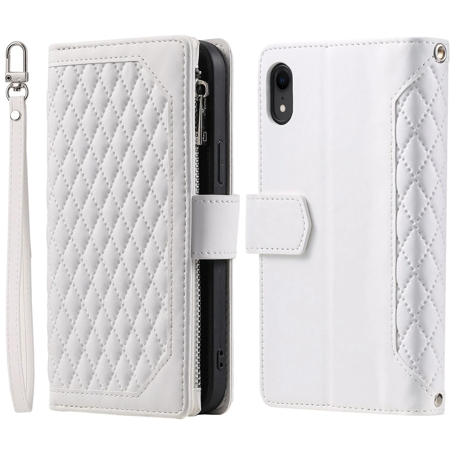 005 Style Zipper Pocket Phone Cover for iPhone XR 6.1 inch, Rhombus Texture Stand Wallet PU Leather Case with Wrist Strap