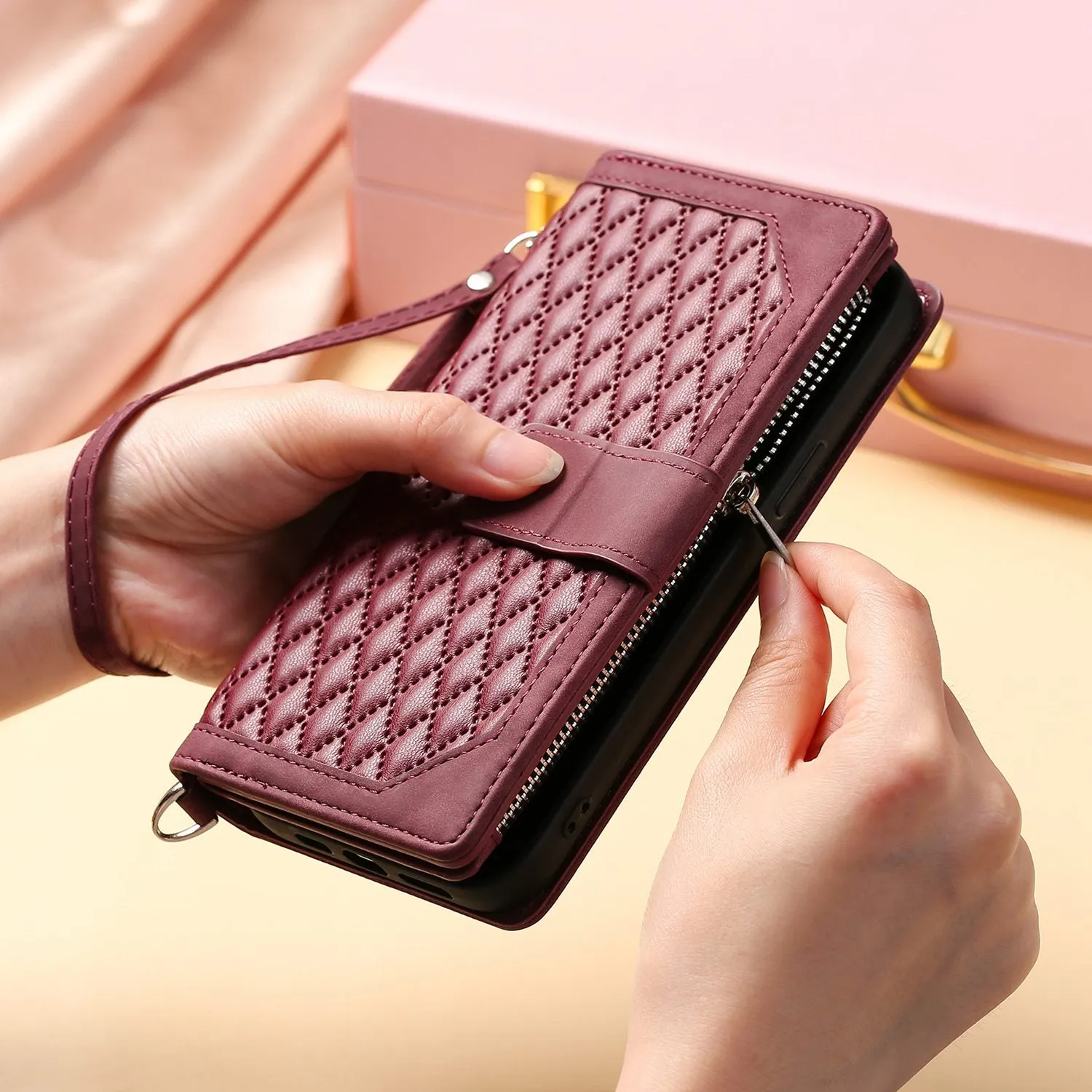 005 Style Zipper Pocket Phone Cover for iPhone XR 6.1 inch, Rhombus Texture Stand Wallet PU Leather Case with Wrist Strap