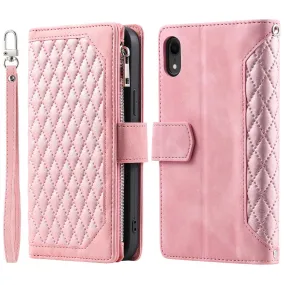 005 Style Zipper Pocket Phone Cover for iPhone XR 6.1 inch, Rhombus Texture Stand Wallet PU Leather Case with Wrist Strap