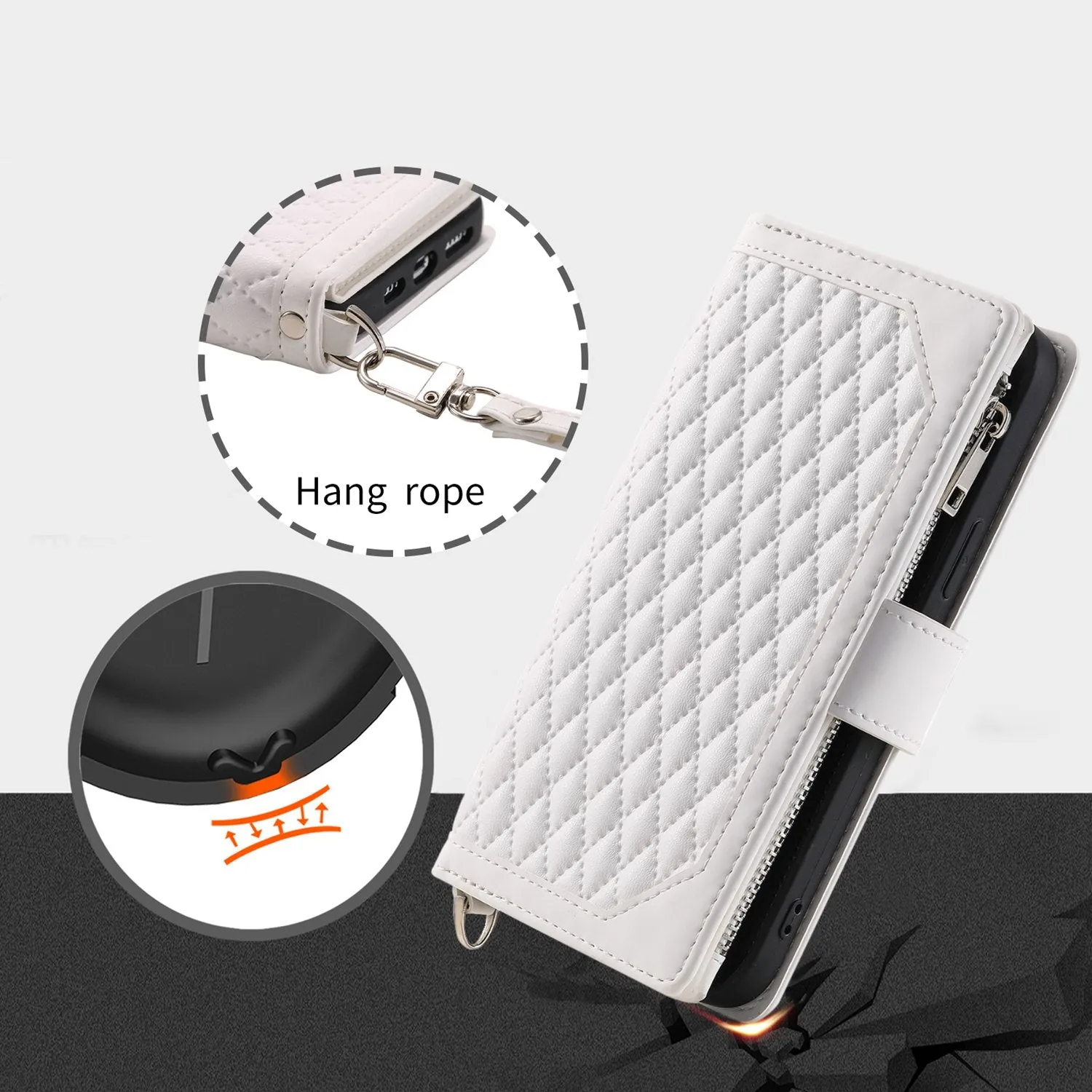 005 Style Zipper Pocket Phone Cover for iPhone XR 6.1 inch, Rhombus Texture Stand Wallet PU Leather Case with Wrist Strap