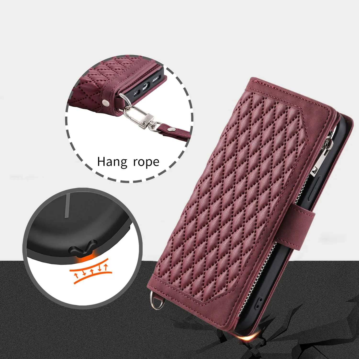 005 Style Zipper Pocket Phone Cover for iPhone XR 6.1 inch, Rhombus Texture Stand Wallet PU Leather Case with Wrist Strap