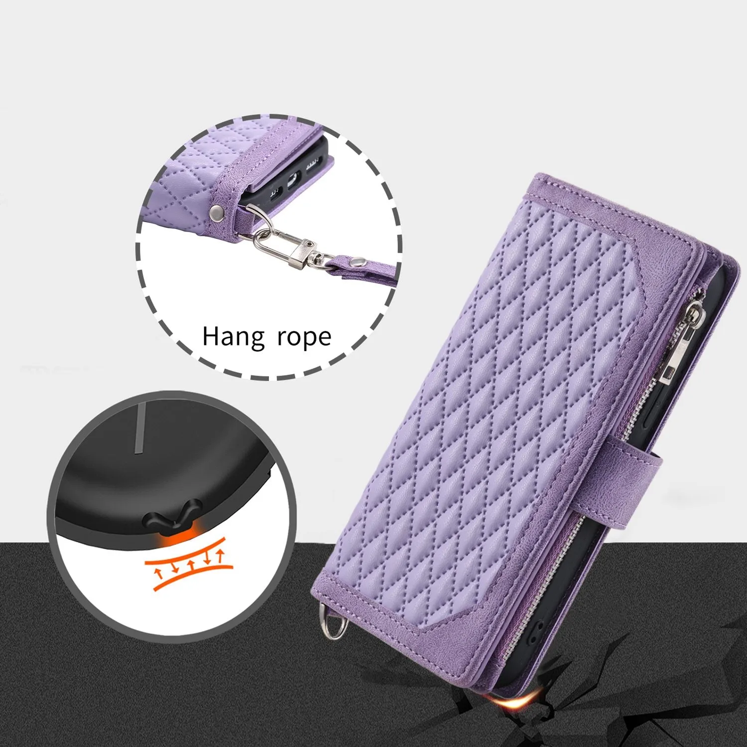 005 Style Zipper Pocket Phone Cover for iPhone XR 6.1 inch, Rhombus Texture Stand Wallet PU Leather Case with Wrist Strap