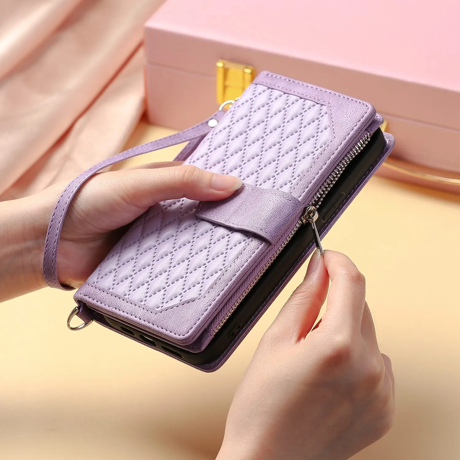 005 Style Zipper Pocket Phone Cover for iPhone XR 6.1 inch, Rhombus Texture Stand Wallet PU Leather Case with Wrist Strap