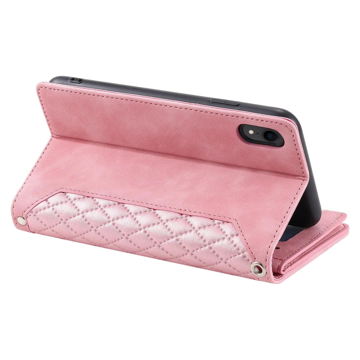 005 Style Zipper Pocket Phone Cover for iPhone XR 6.1 inch, Rhombus Texture Stand Wallet PU Leather Case with Wrist Strap