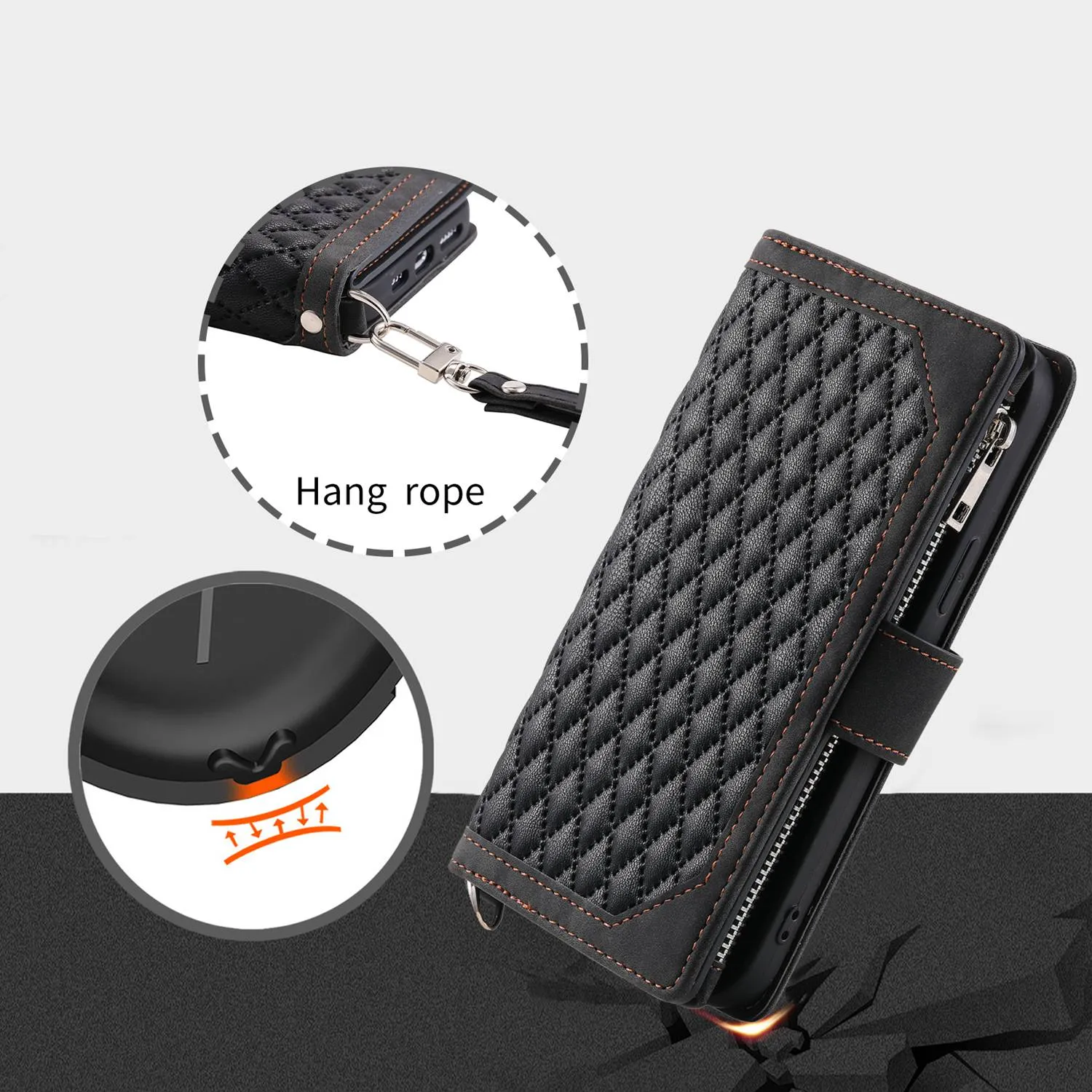 005 Style Zipper Pocket Phone Cover for iPhone XR 6.1 inch, Rhombus Texture Stand Wallet PU Leather Case with Wrist Strap