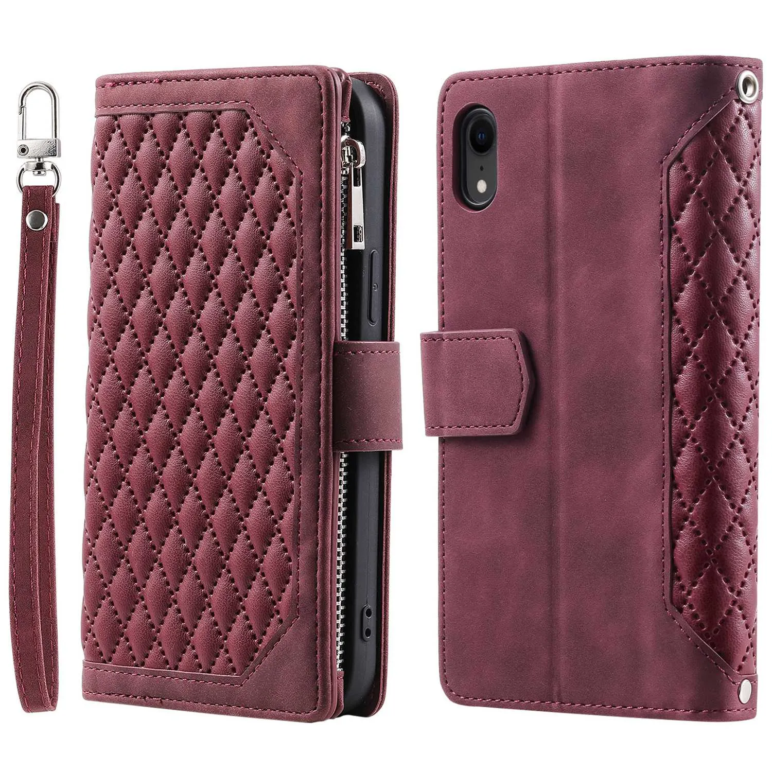 005 Style Zipper Pocket Phone Cover for iPhone XR 6.1 inch, Rhombus Texture Stand Wallet PU Leather Case with Wrist Strap