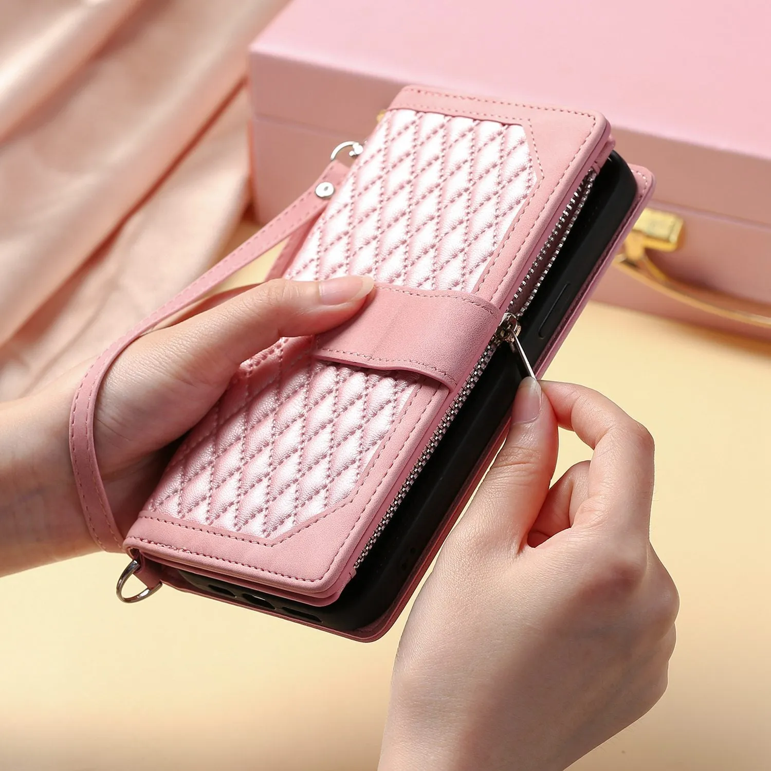 005 Style Zipper Pocket Phone Cover for iPhone XR 6.1 inch, Rhombus Texture Stand Wallet PU Leather Case with Wrist Strap