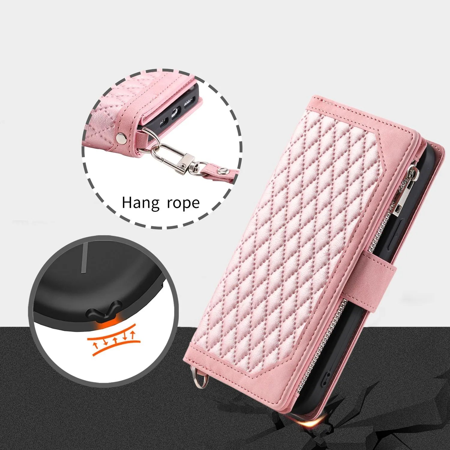 005 Style Zipper Pocket Phone Cover for iPhone XR 6.1 inch, Rhombus Texture Stand Wallet PU Leather Case with Wrist Strap