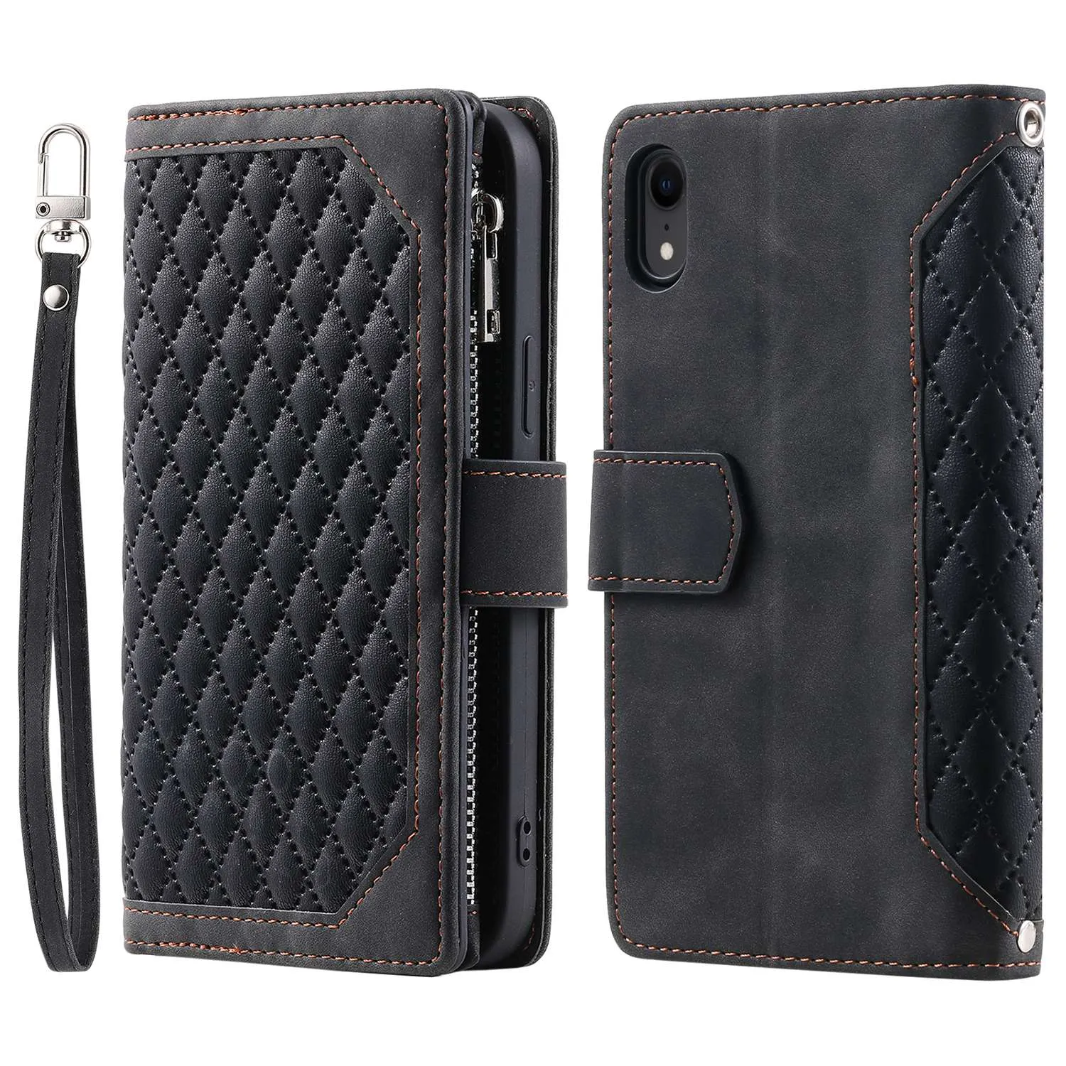 005 Style Zipper Pocket Phone Cover for iPhone XR 6.1 inch, Rhombus Texture Stand Wallet PU Leather Case with Wrist Strap