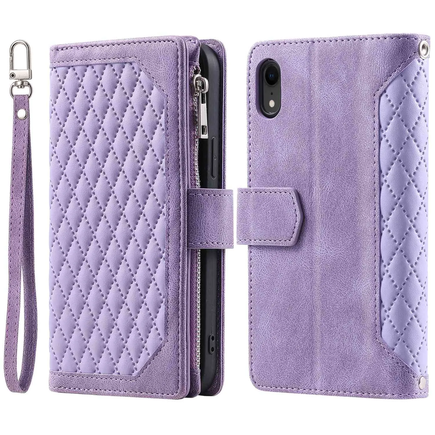 005 Style Zipper Pocket Phone Cover for iPhone XR 6.1 inch, Rhombus Texture Stand Wallet PU Leather Case with Wrist Strap