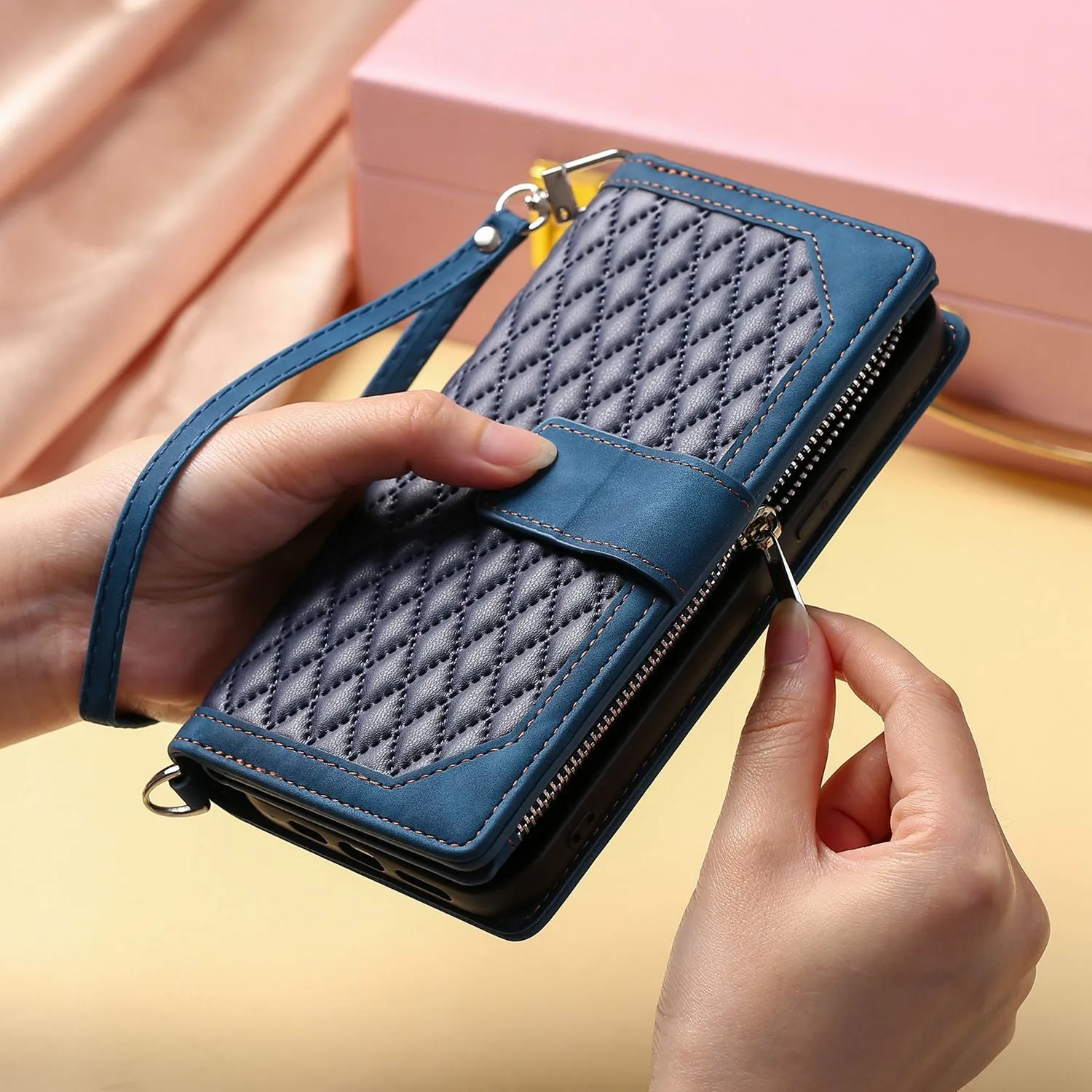 005 Style Zipper Pocket Phone Cover for iPhone XR 6.1 inch, Rhombus Texture Stand Wallet PU Leather Case with Wrist Strap