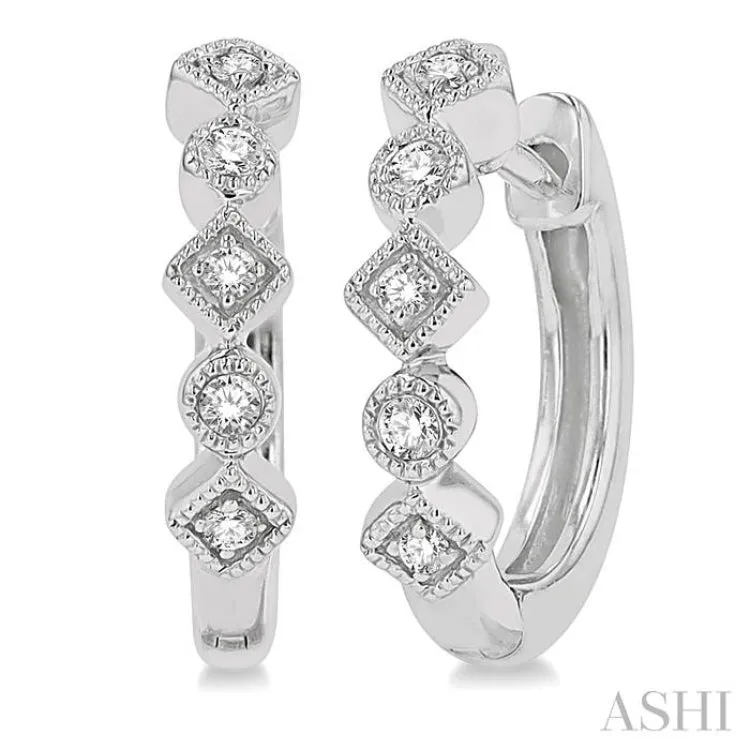 1/10 ctw Circular & Rhombus Mount Round Cut Diamond Huggie Earrings in 10K White Gold