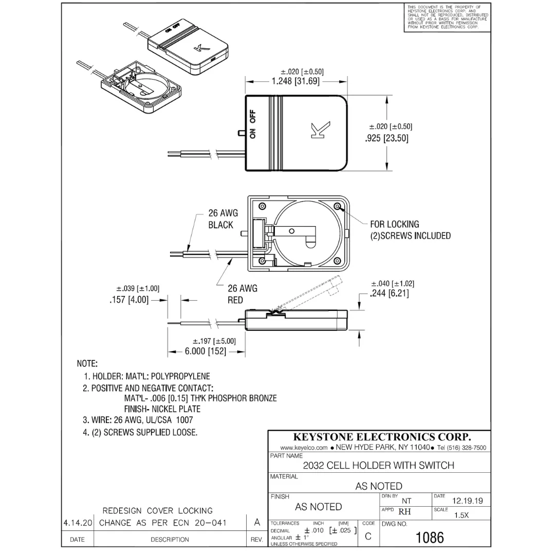 2032 Coin cell battery holder with switch & screw