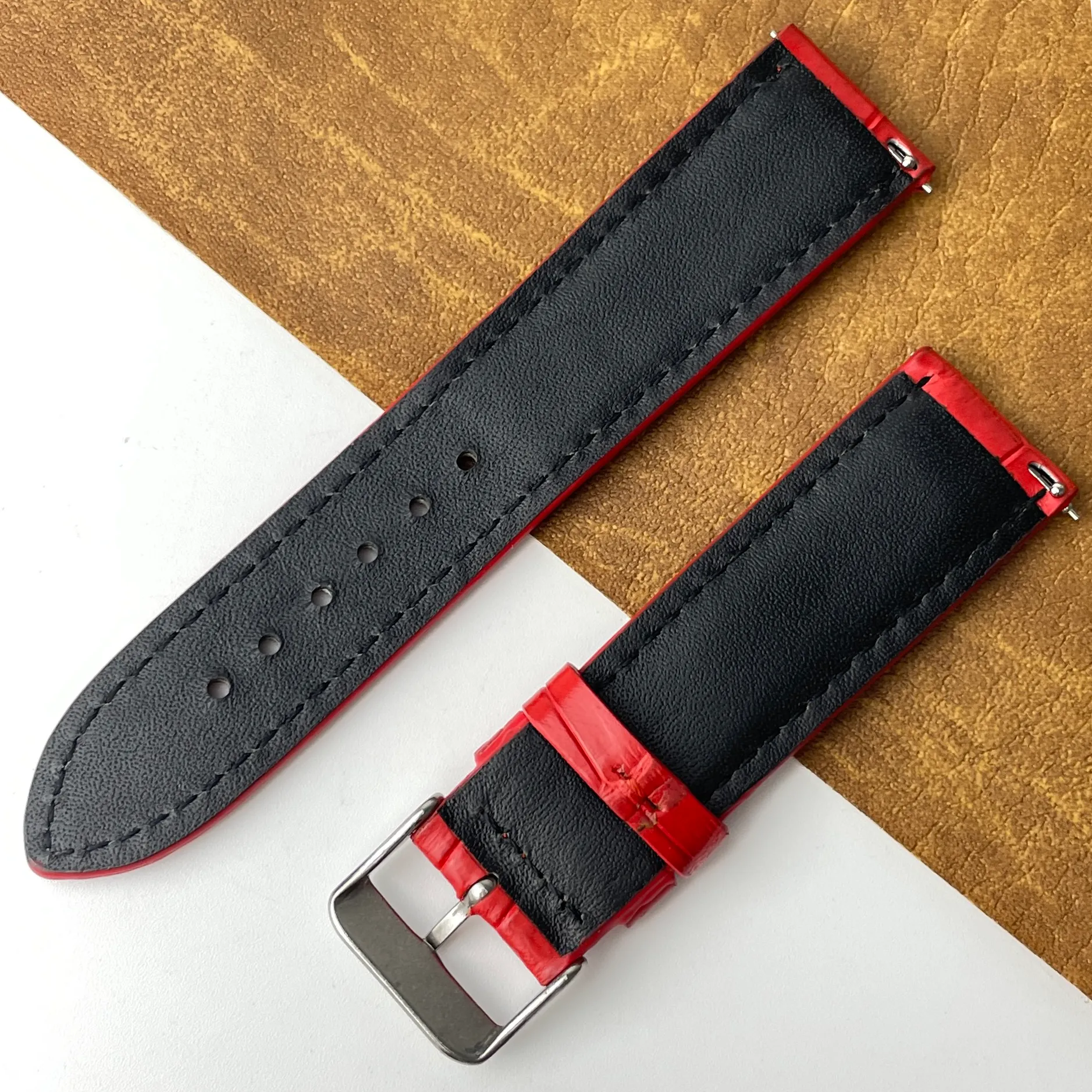 22mm Bright Red Unique Pattern Alligator Leather Watch Band For Men DH-203B