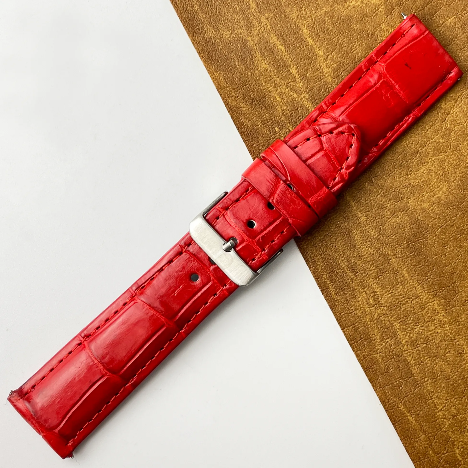 22mm Bright Red Unique Pattern Alligator Leather Watch Band For Men DH-203B