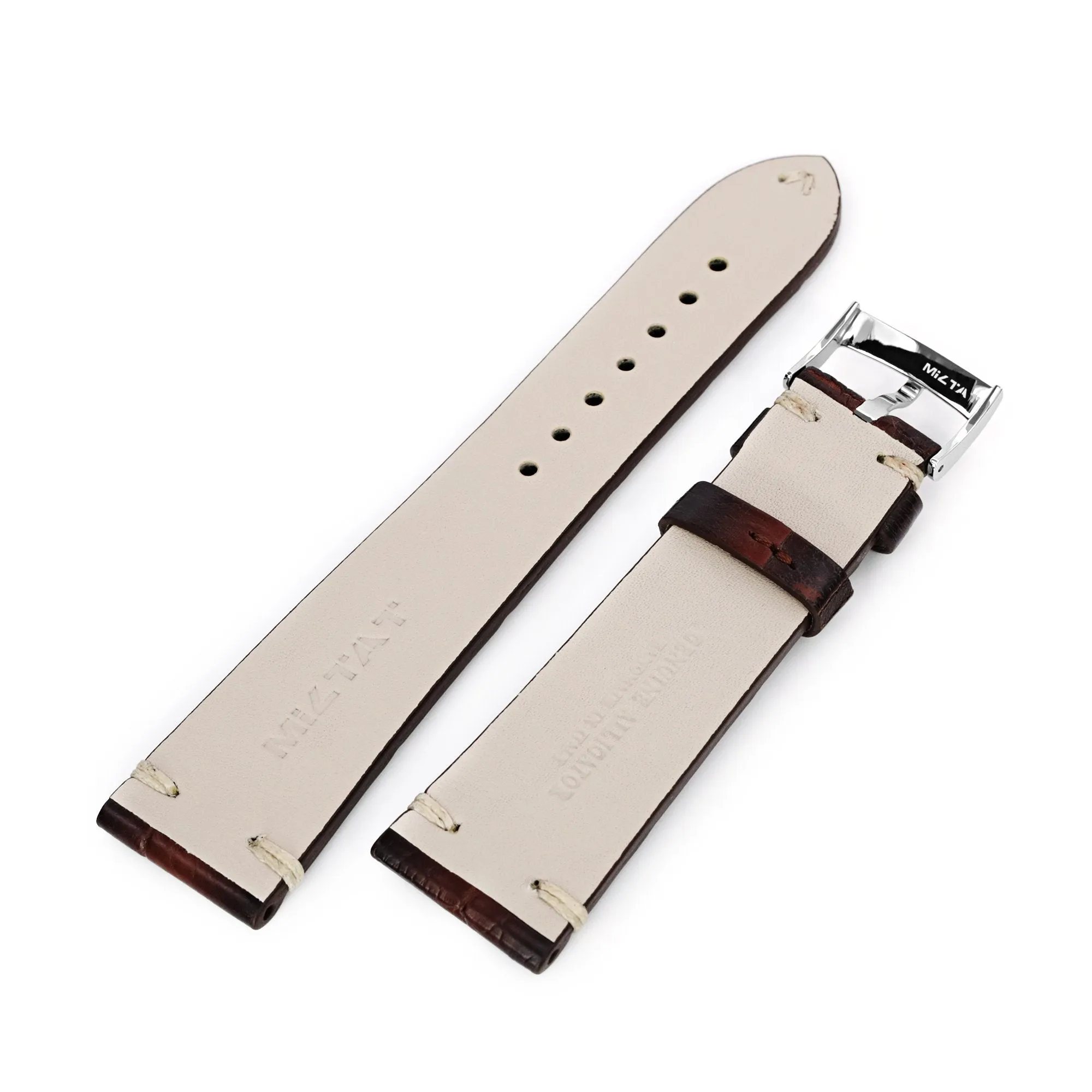 22mm Dark Brown Italian Handmade Alligator Vintage Watch Band, Beige Stitching, P Buckle